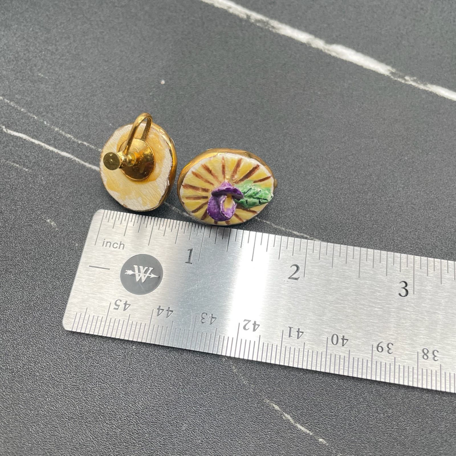 Vintage Yellow Purple Mauve Green Hand-Painted Classic Flower Button Earrings - Thumbnail 2