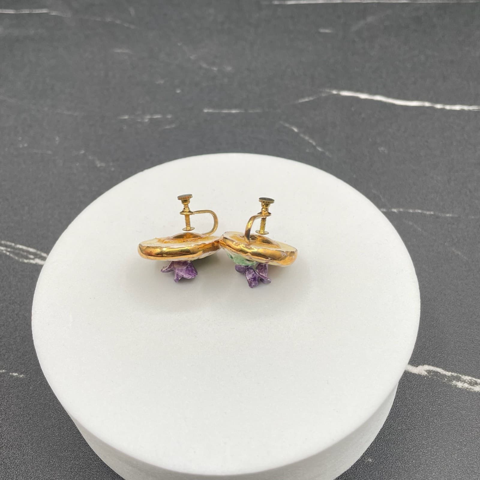 Vintage Yellow Purple Mauve Green Hand-Painted Classic Flower Button Earrings - Thumbnail 5