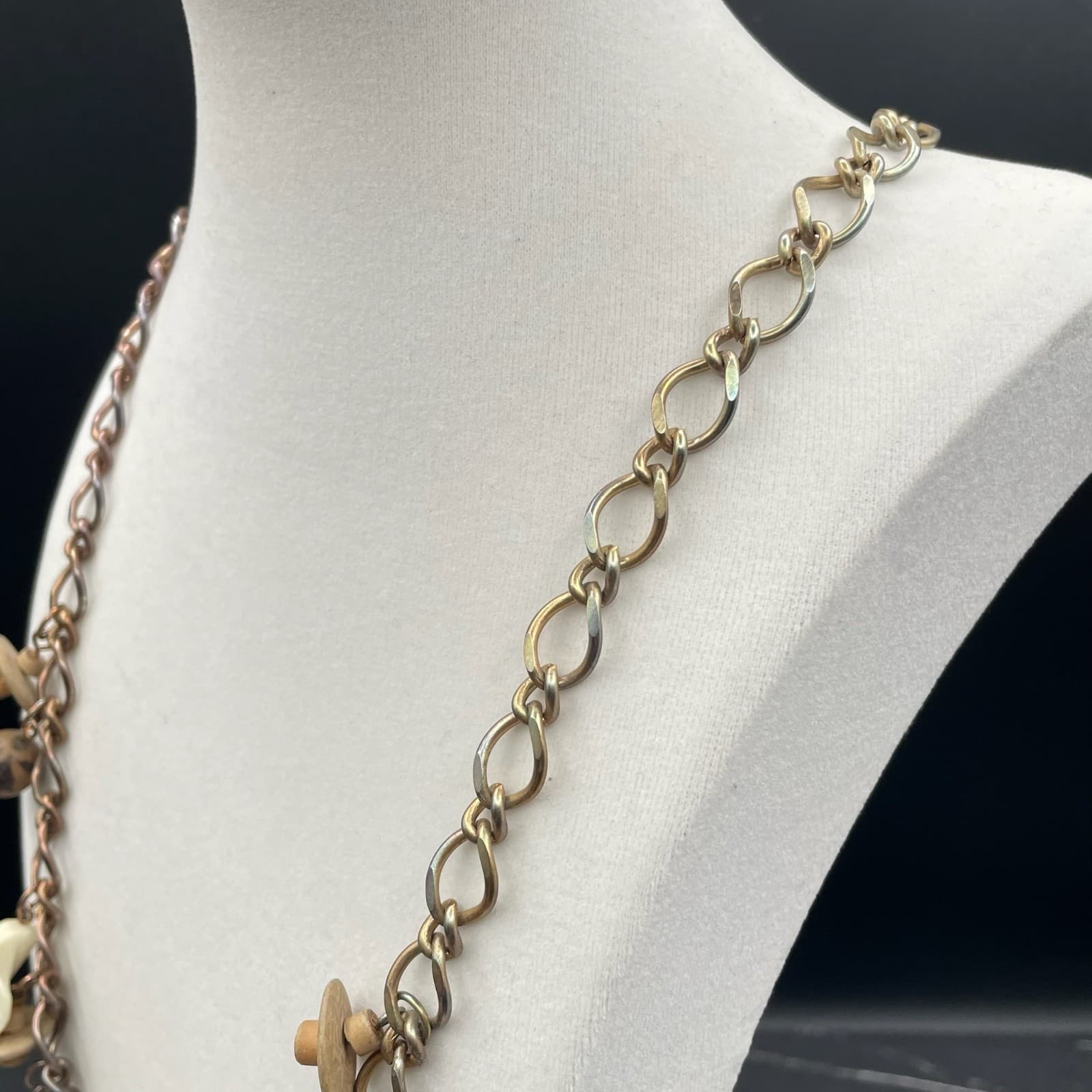 Vintage Gold-Tone Oak Leaf Curb Link Chain Lobster Beaded Statement Necklace - Thumbnail 6