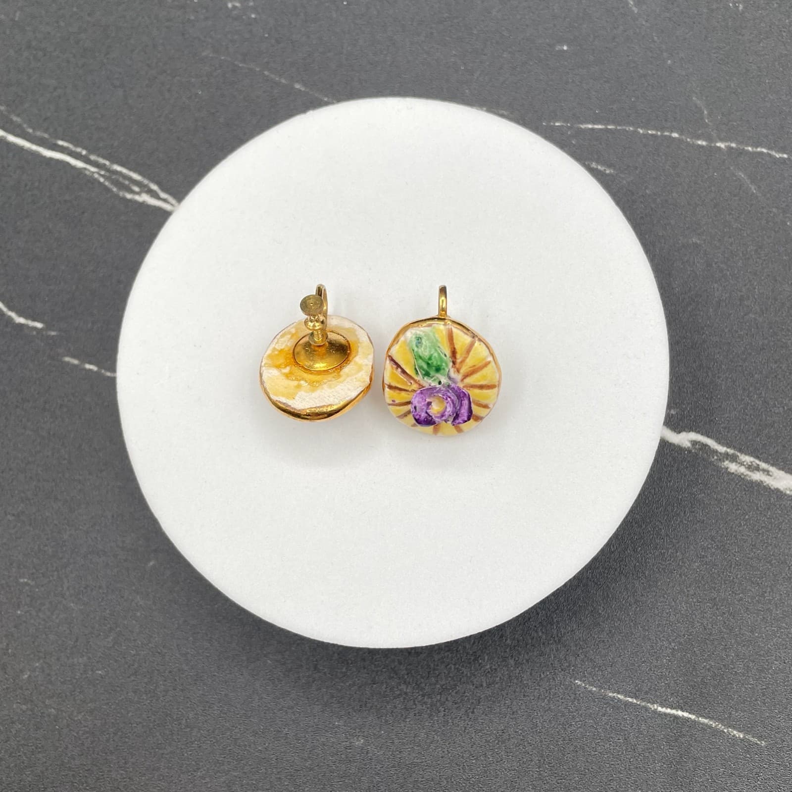 Vintage Yellow Purple Mauve Green Hand-Painted Classic Flower Button Earrings - Thumbnail 4