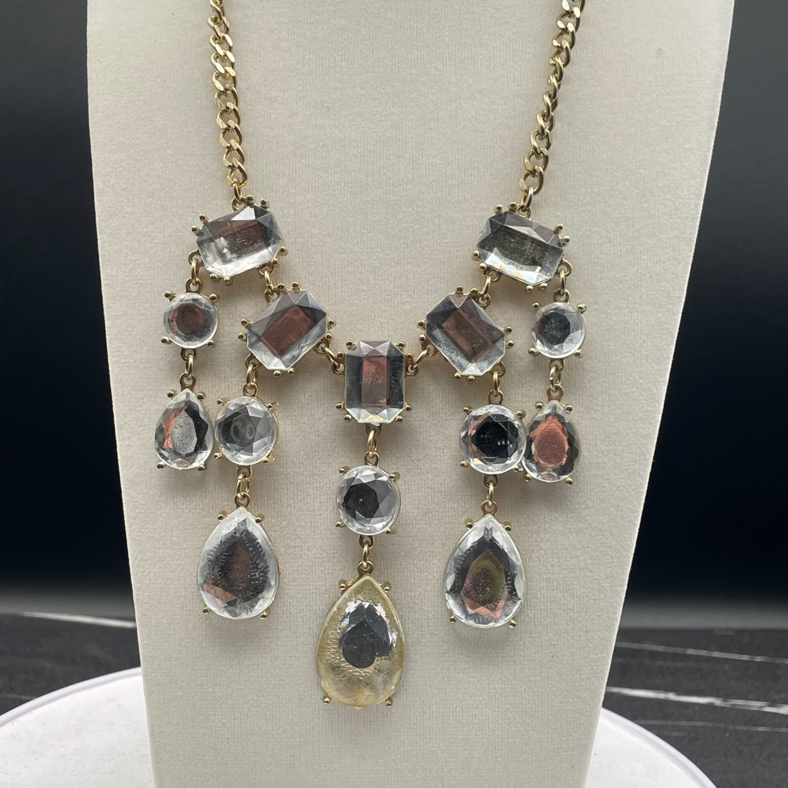 Vintage Gold-Toned Adjustable Multi Faceted Crystal Dangle 17" Statement - Thumbnail 7