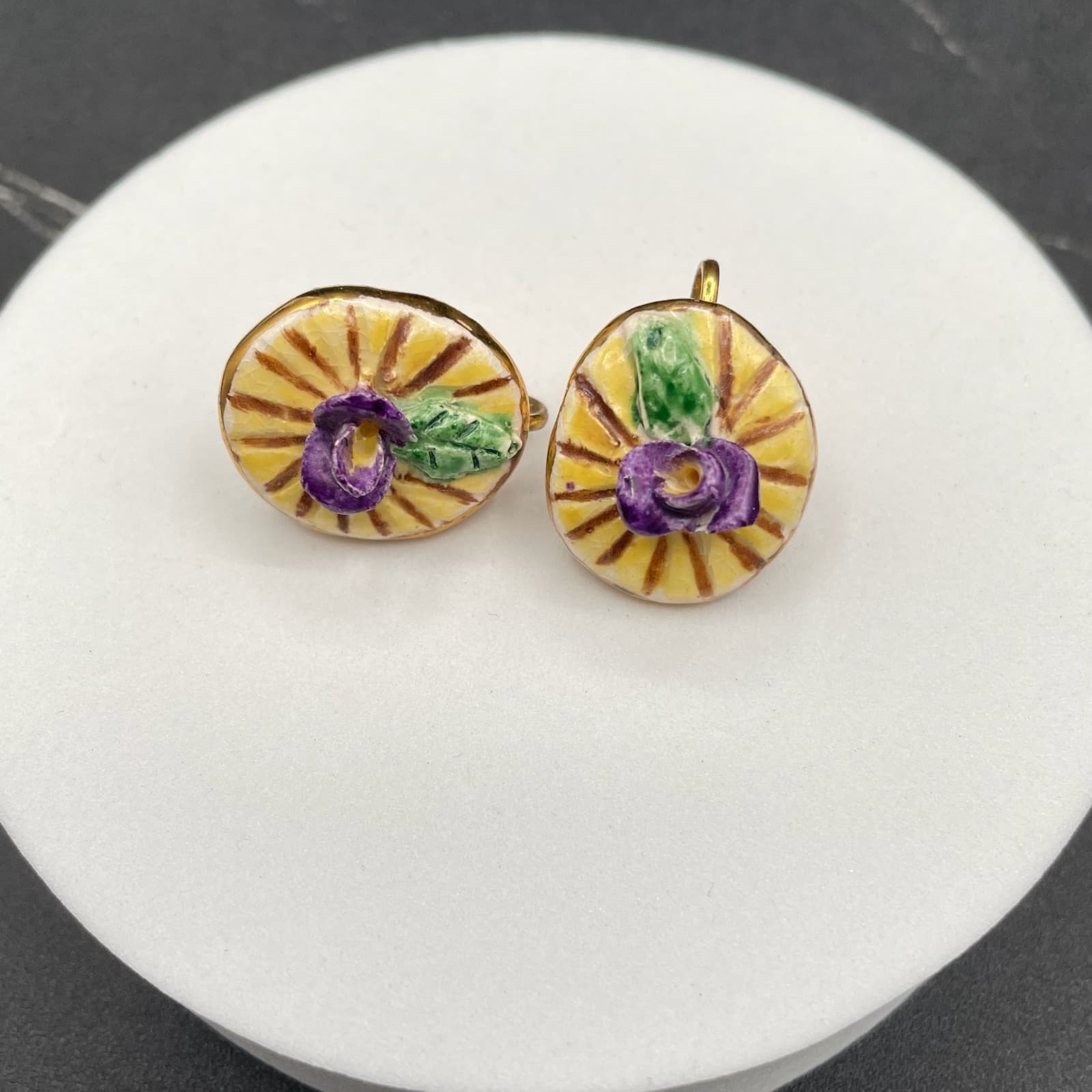 Vintage Yellow Purple Mauve Green Hand-Painted Classic Flower Button Earrings - Thumbnail 3