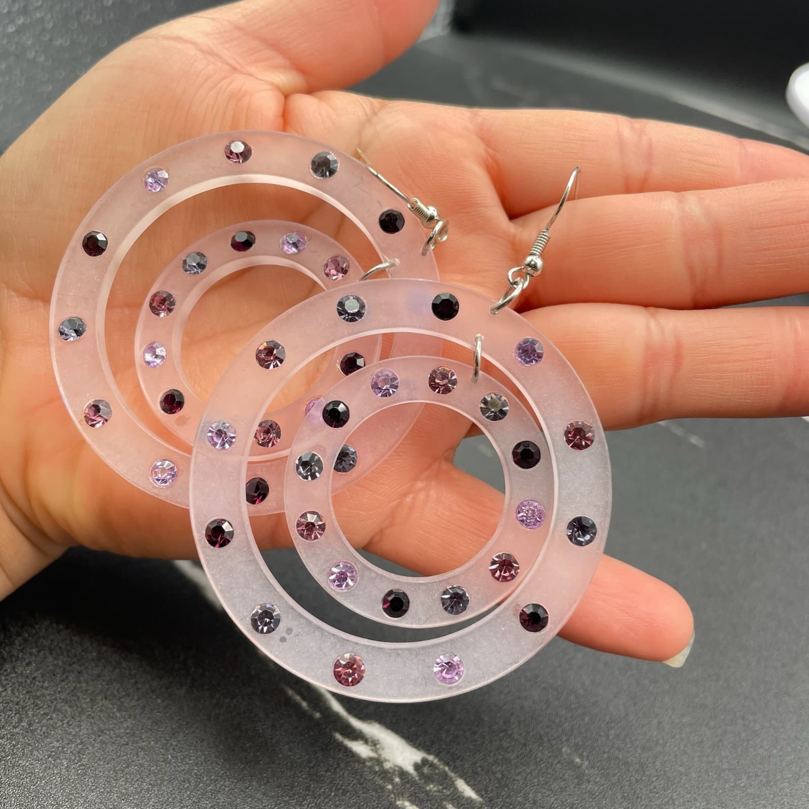 Vintage Clear Acrylic Concentric Circles Embellished Statement Hoop Earrings - Thumbnail 4