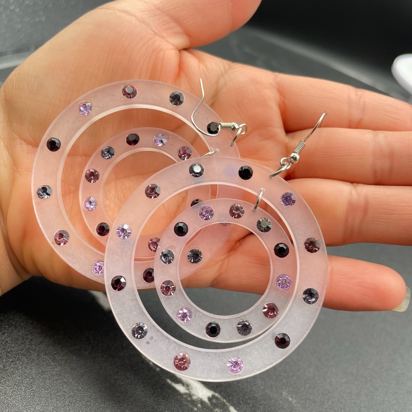 Vintage Clear Acrylic Concentric Circles Embellished Statement Hoop Earrings - Thumbnail 5