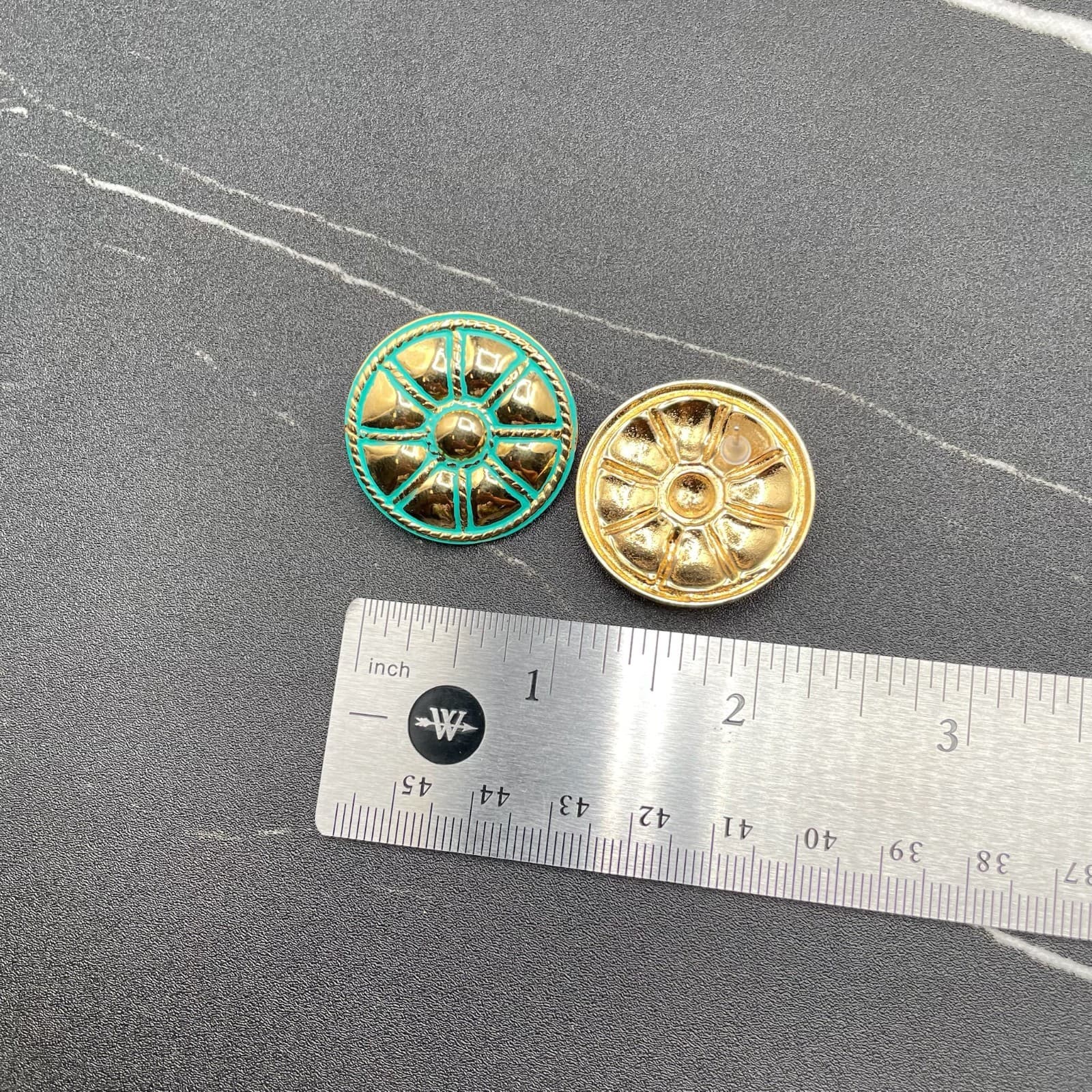 Vintage Turquoise Gold-Tone Round Textured Rope Border Clip-On Enamel Earrings - Thumbnail 9