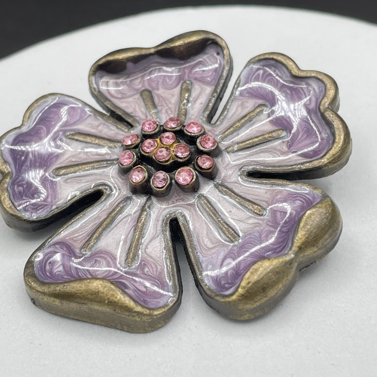 Vintage Rhinestone Purple Enamel Flower Classic Fshion Lapel Brooch Pin - Thumbnail 4