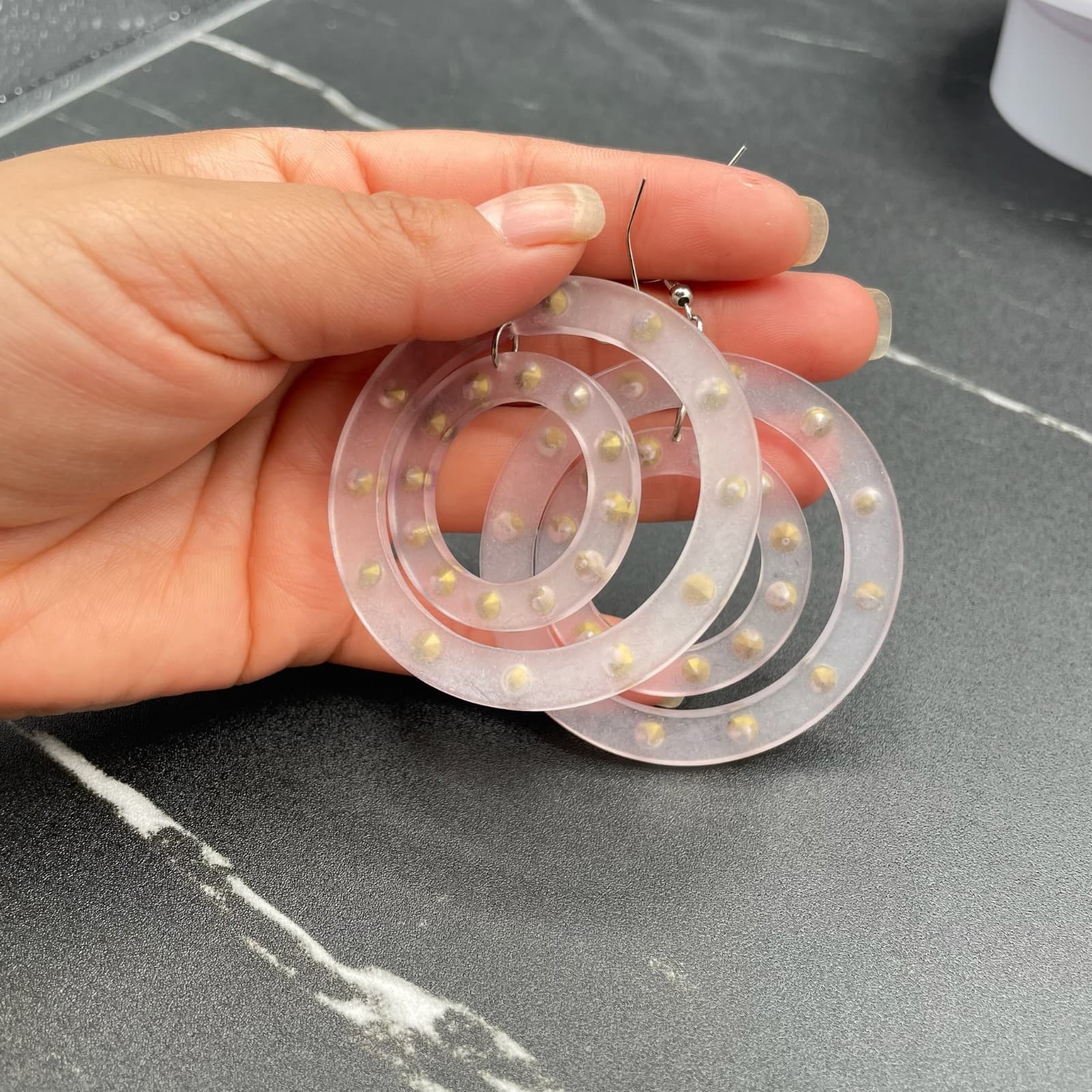 Vintage Clear Acrylic Concentric Circles Embellished Statement Hoop Earrings - Thumbnail 3