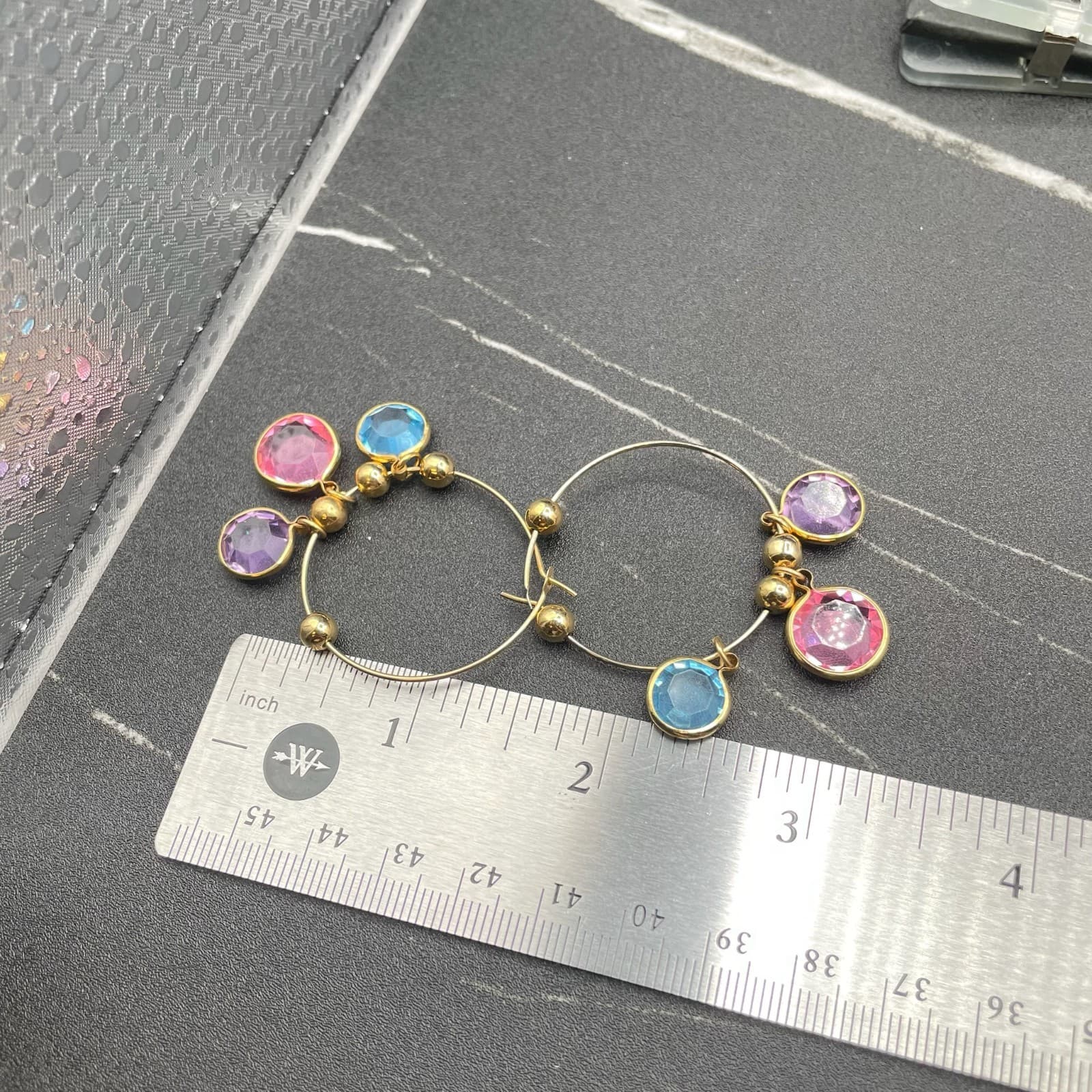 Vintage Multicolor Glass Gemstones Gold-Toned Enamel Charm Hoop Dangle Earrings - Thumbnail 5