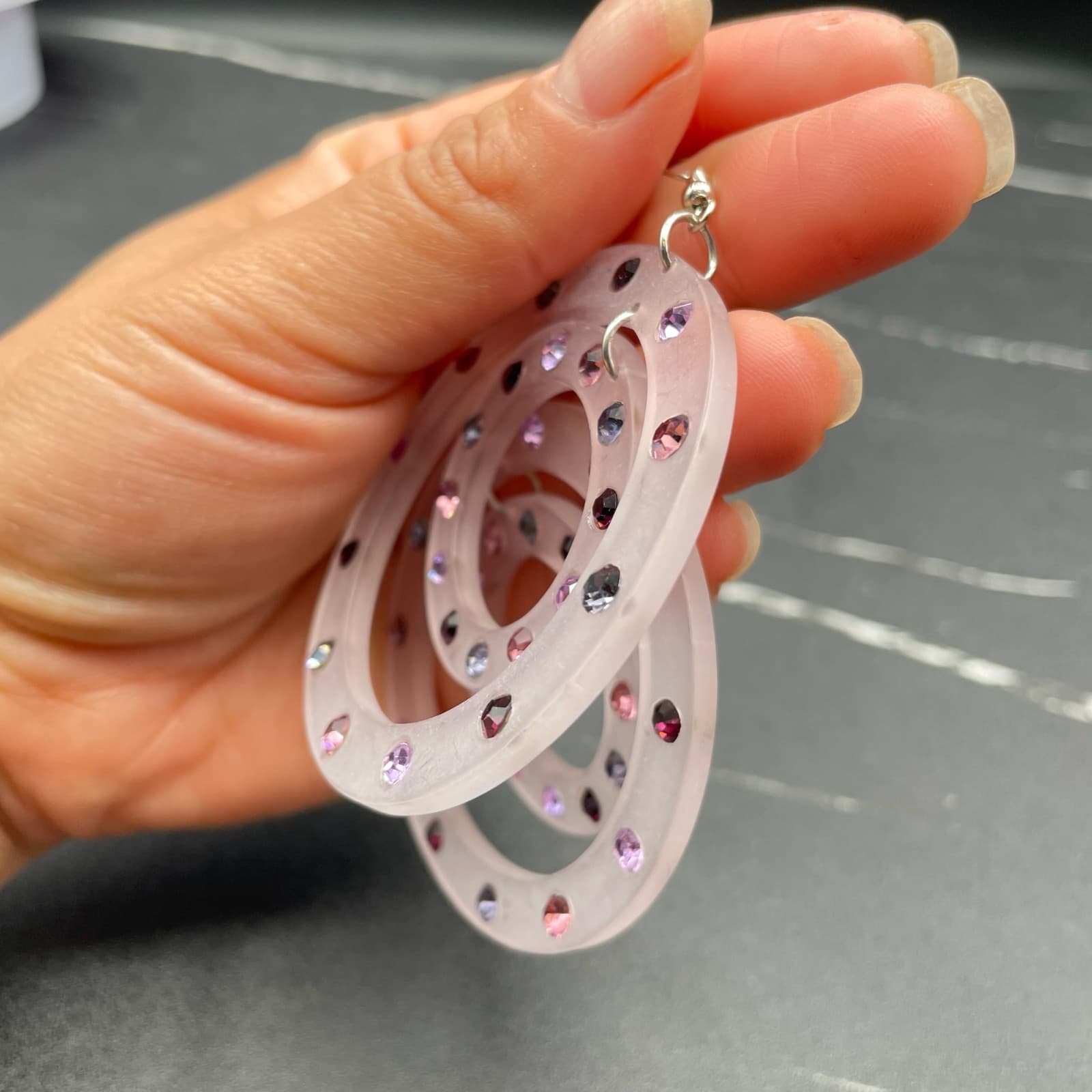 Vintage Clear Acrylic Concentric Circles Embellished Statement Hoop Earrings - Thumbnail 7
