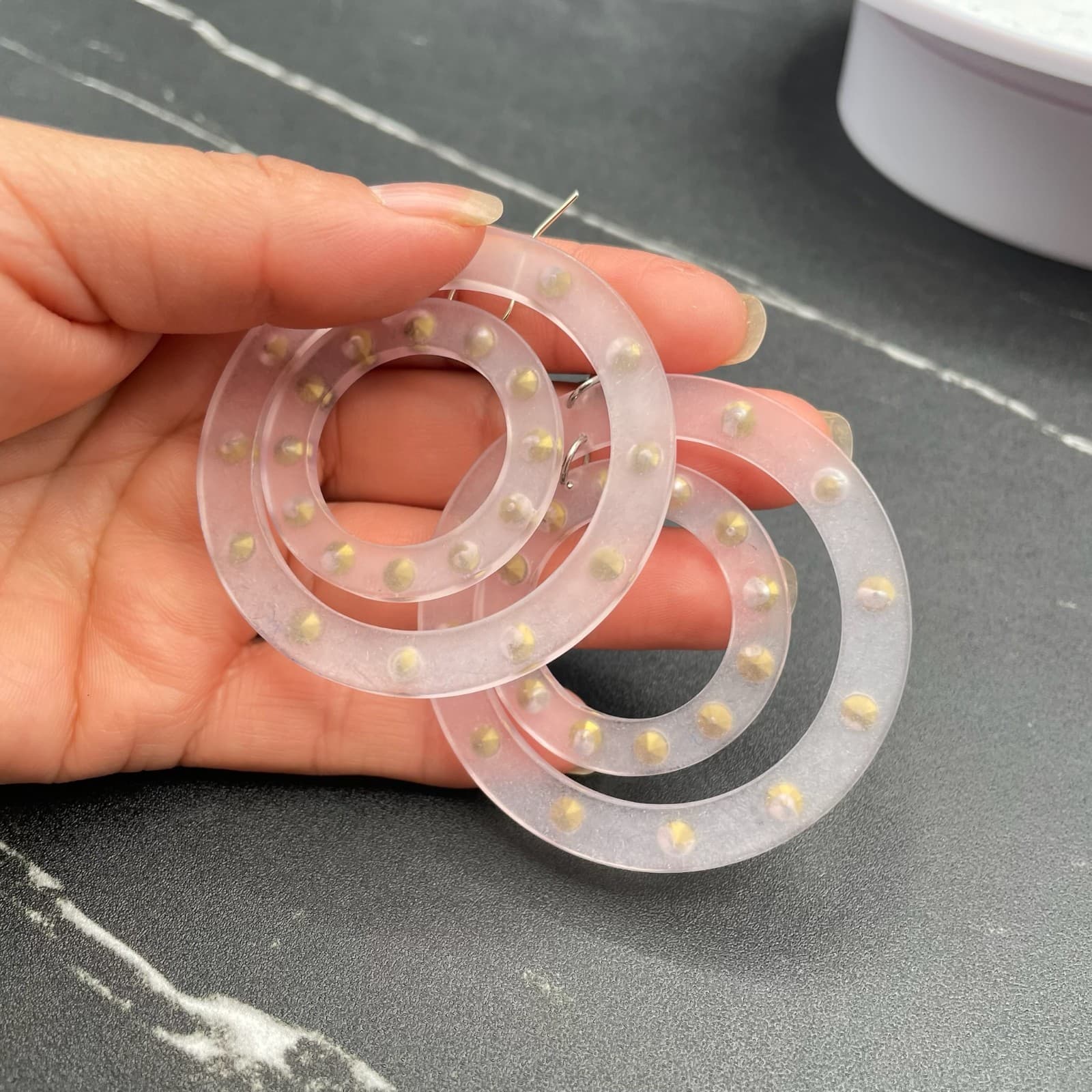 Vintage Clear Acrylic Concentric Circles Embellished Statement Hoop Earrings - Thumbnail 2