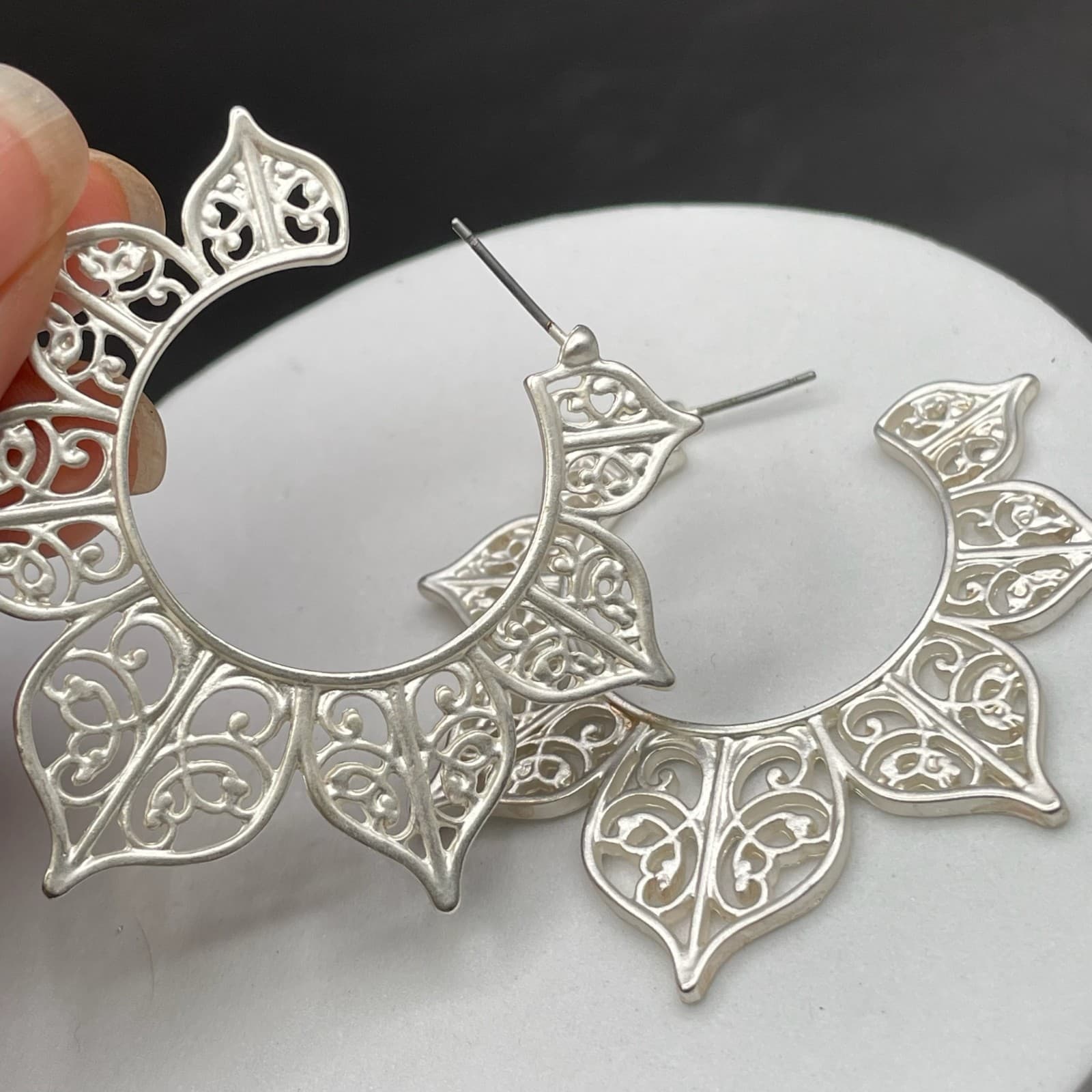 Silver-Tone Mandala Filigree Hoop Earrings Boho Festival Statement - Thumbnail 6