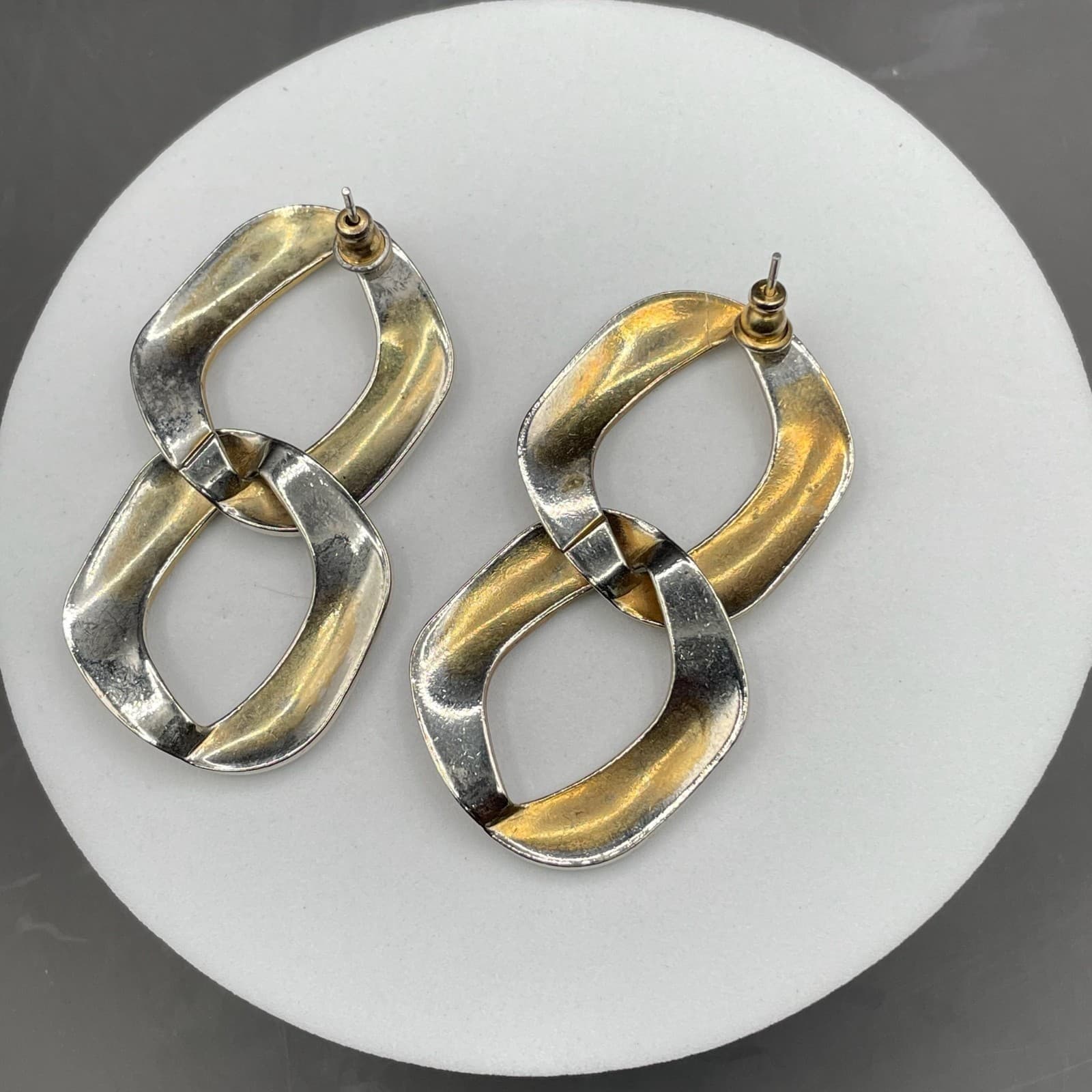 Silver-Tone Geometric Link Dangle Earrings Modern Chunky Statement - Thumbnail 2