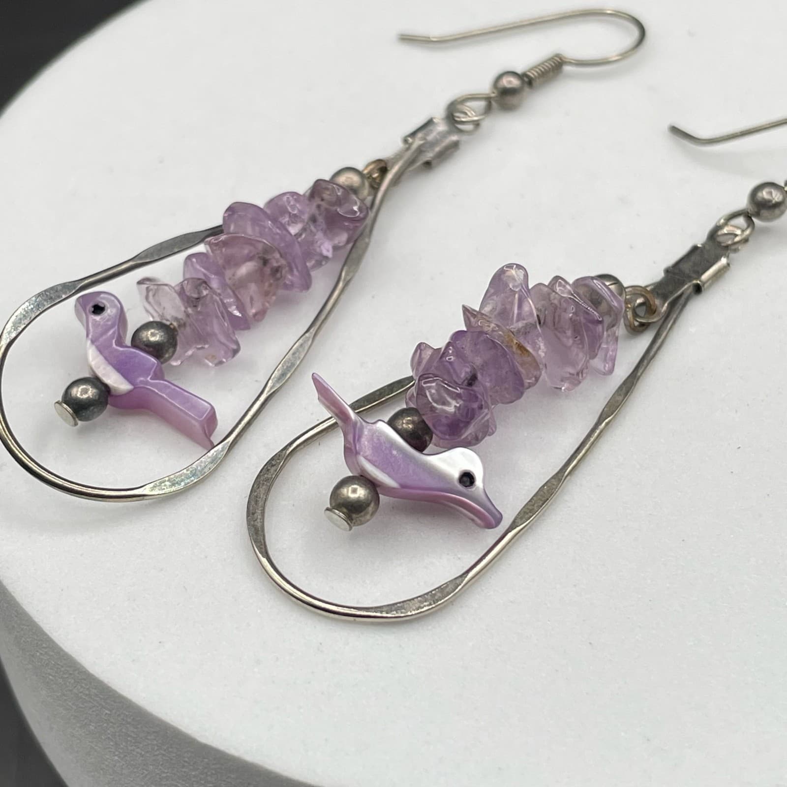 Vintage Purple Amethyst Gemstone Dyed Mother-of-Pearl Silver-Tone Beaded Hook - Thumbnail 3