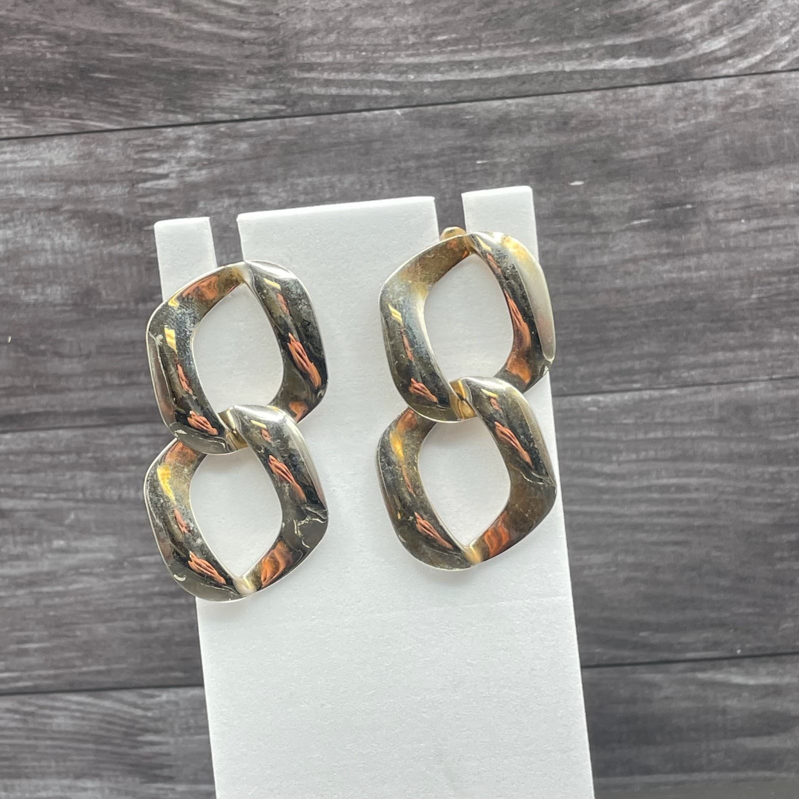 Silver-Tone Geometric Link Dangle Earrings Modern Chunky Statement - Thumbnail 3