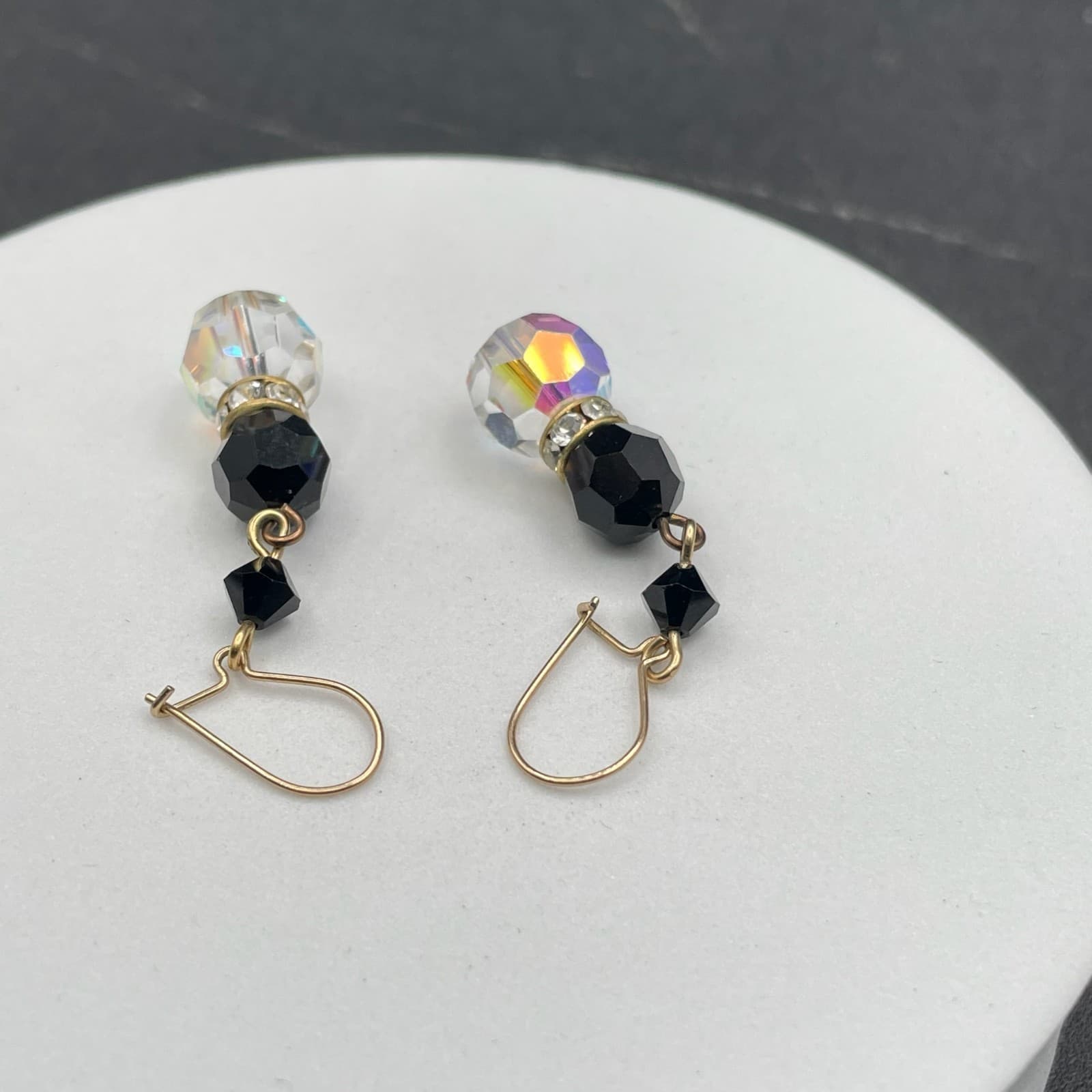 Vintage Gold-Tone Fishhook Dangle Earrings with Black Onyx Beads Faceted Crystal - Thumbnail 8
