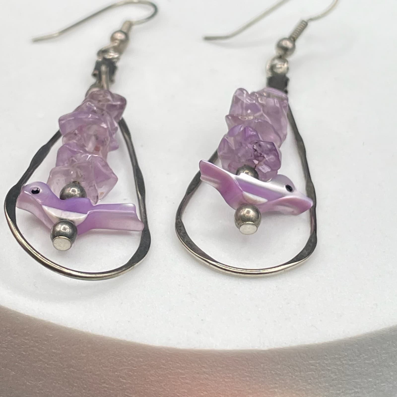 Vintage Purple Amethyst Gemstone Dyed Mother-of-Pearl Silver-Tone Beaded Hook - Thumbnail 8