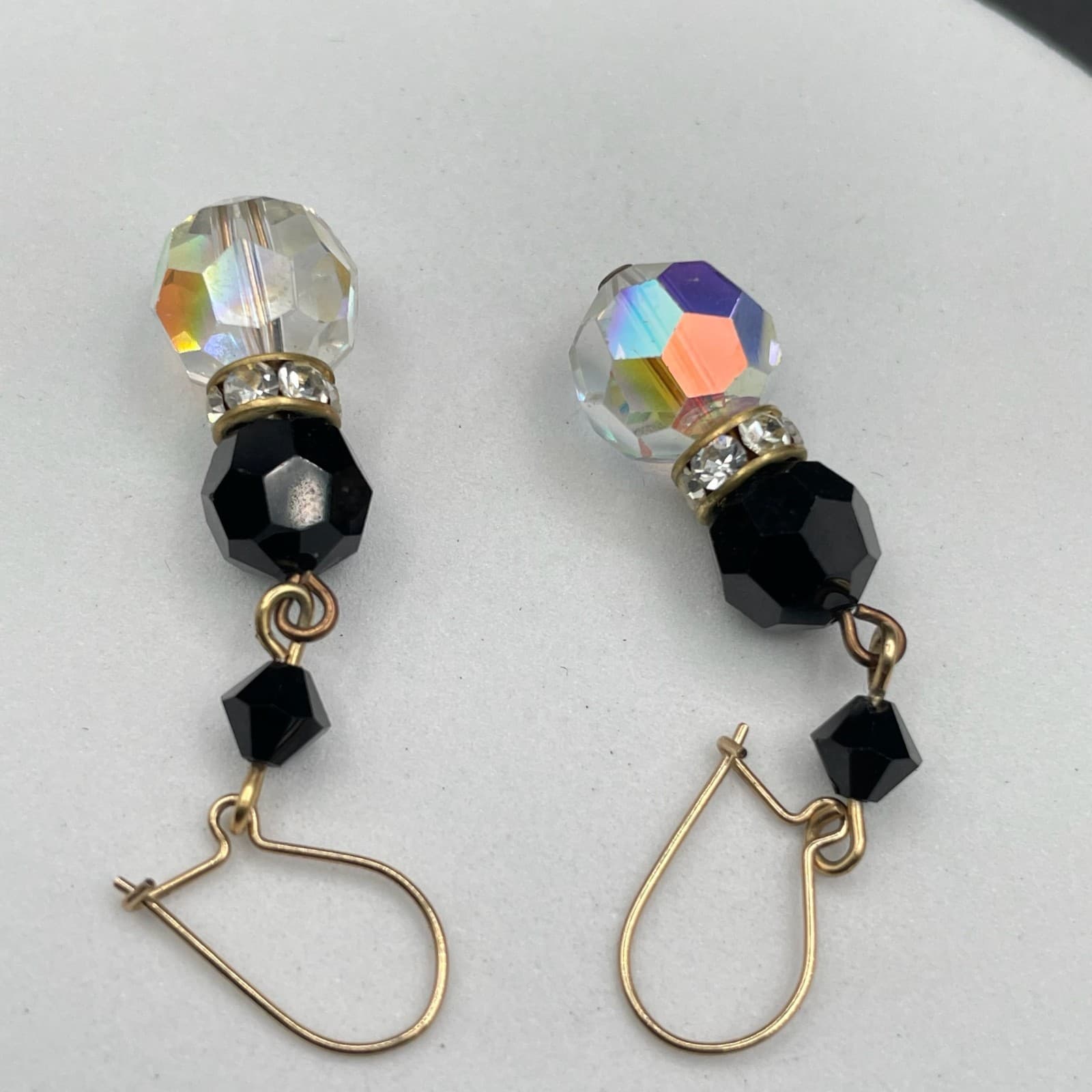 Vintage Gold-Tone Fishhook Dangle Earrings with Black Onyx Beads Faceted Crystal - Thumbnail 9
