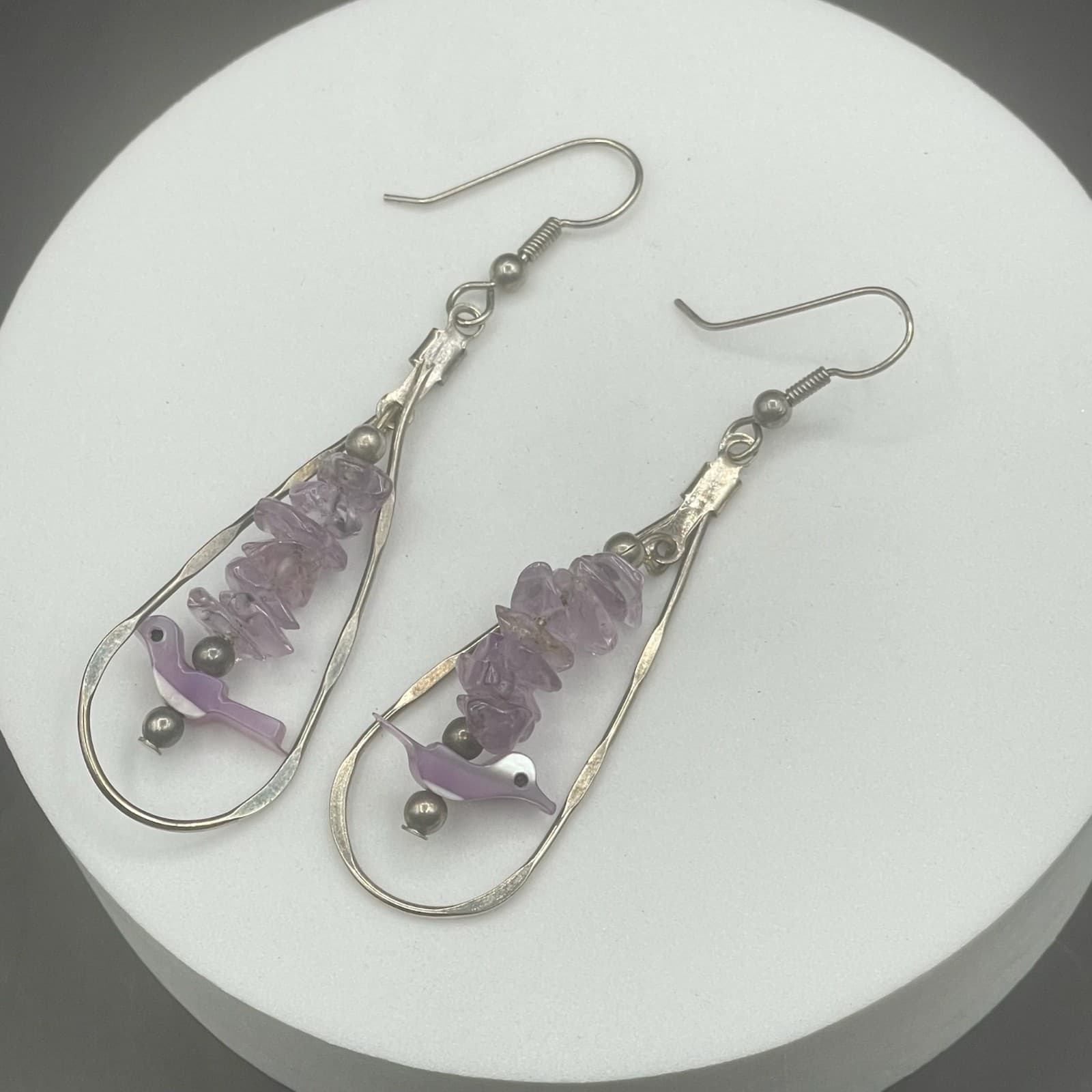 Vintage Purple Amethyst Gemstone Dyed Mother-of-Pearl Silver-Tone Beaded Hook - Thumbnail 6