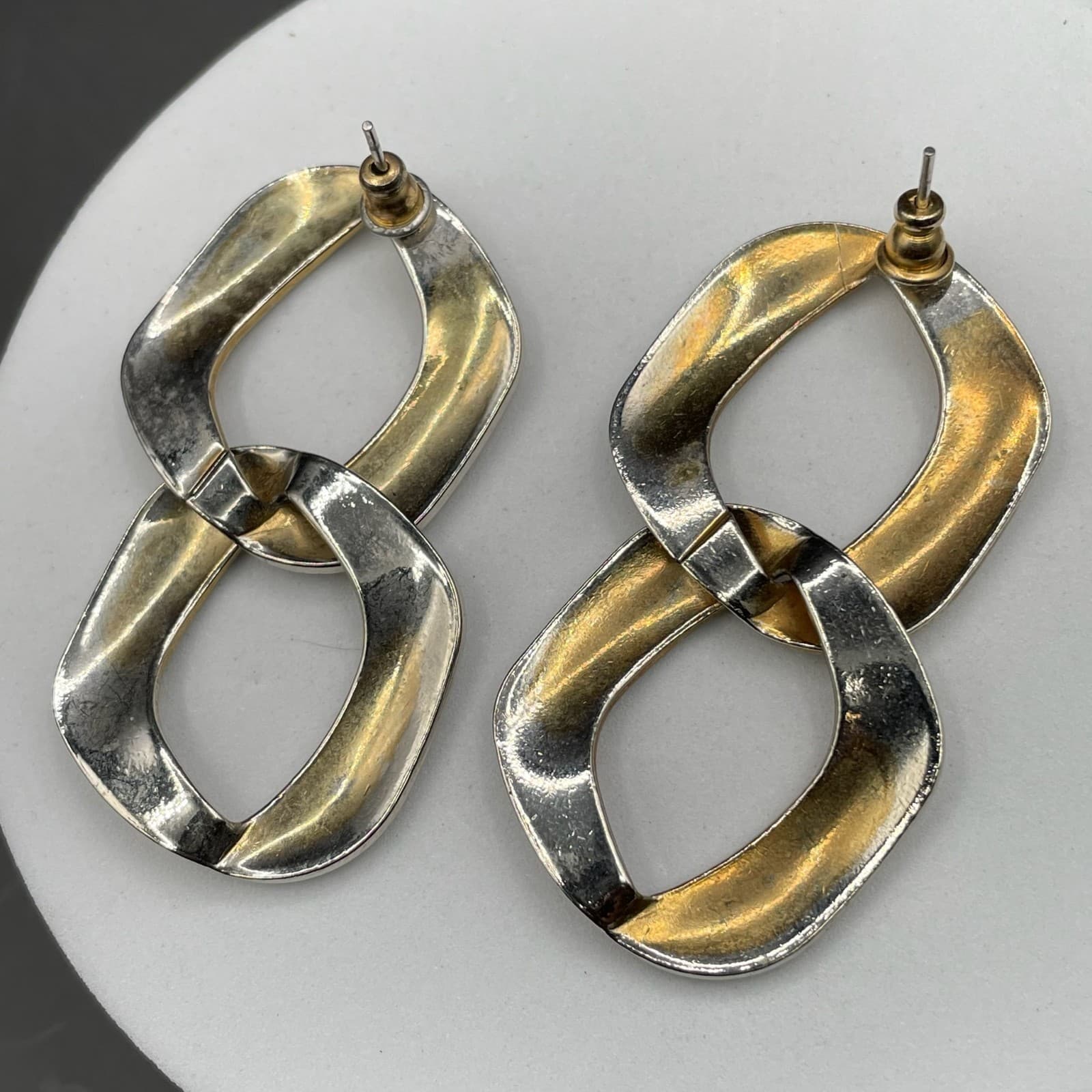 Silver-Tone Geometric Link Dangle Earrings Modern Chunky Statement - Thumbnail 10