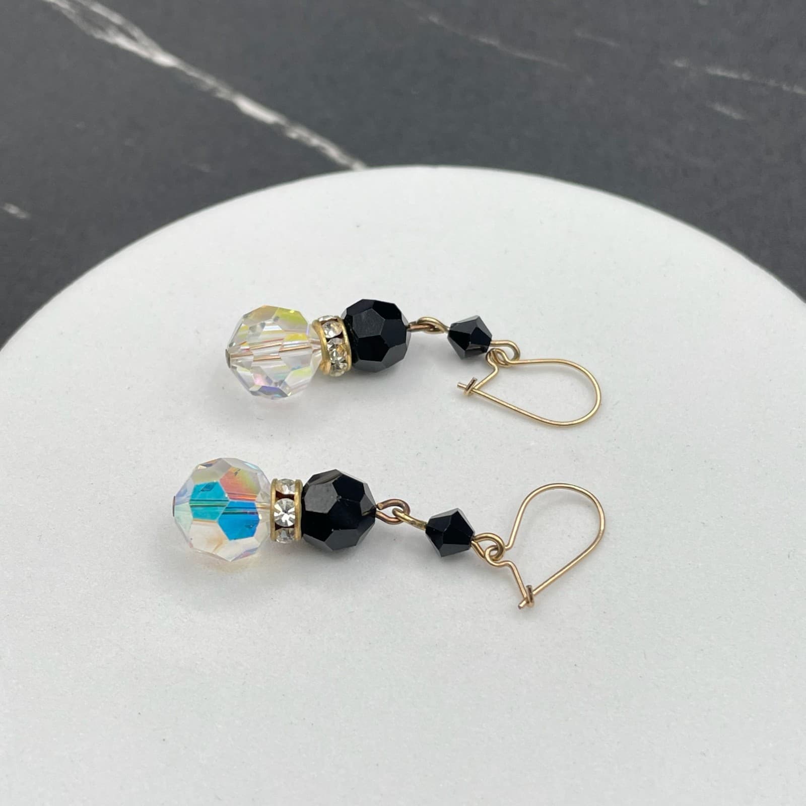 Vintage Gold-Tone Fishhook Dangle Earrings with Black Onyx Beads Faceted Crystal - Thumbnail 6
