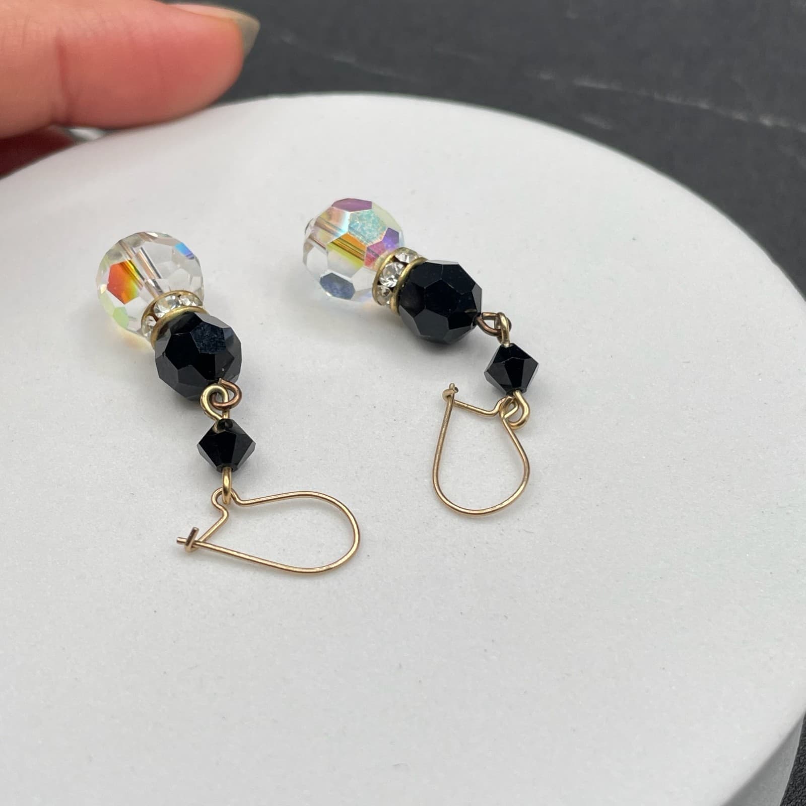 Vintage Gold-Tone Fishhook Dangle Earrings with Black Onyx Beads Faceted Crystal - Thumbnail 7