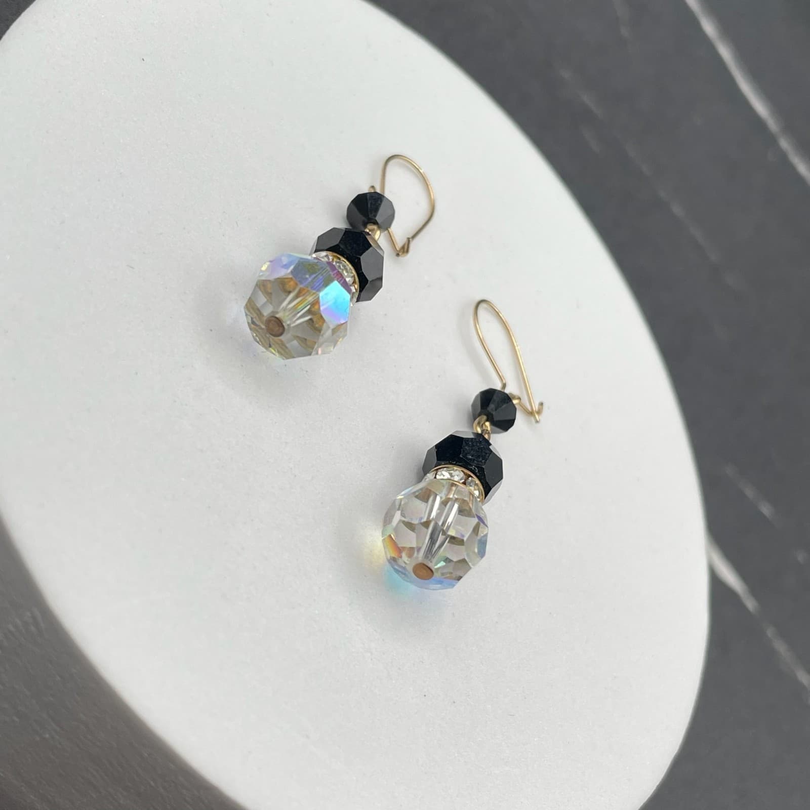 Vintage Gold-Tone Fishhook Dangle Earrings with Black Onyx Beads Faceted Crystal - Thumbnail 5