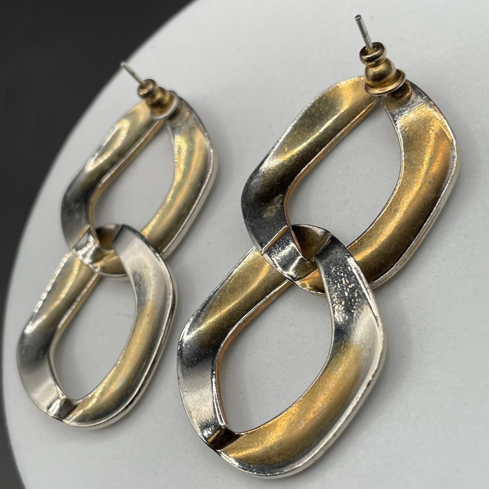Silver-Tone Geometric Link Dangle Earrings Modern Chunky Statement - Thumbnail 9
