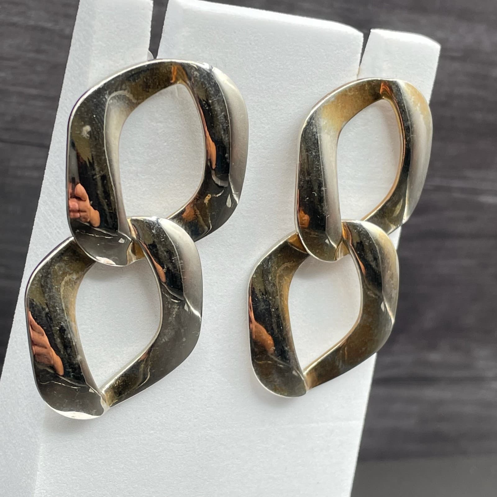 Silver-Tone Geometric Link Dangle Earrings Modern Chunky Statement - Thumbnail 5