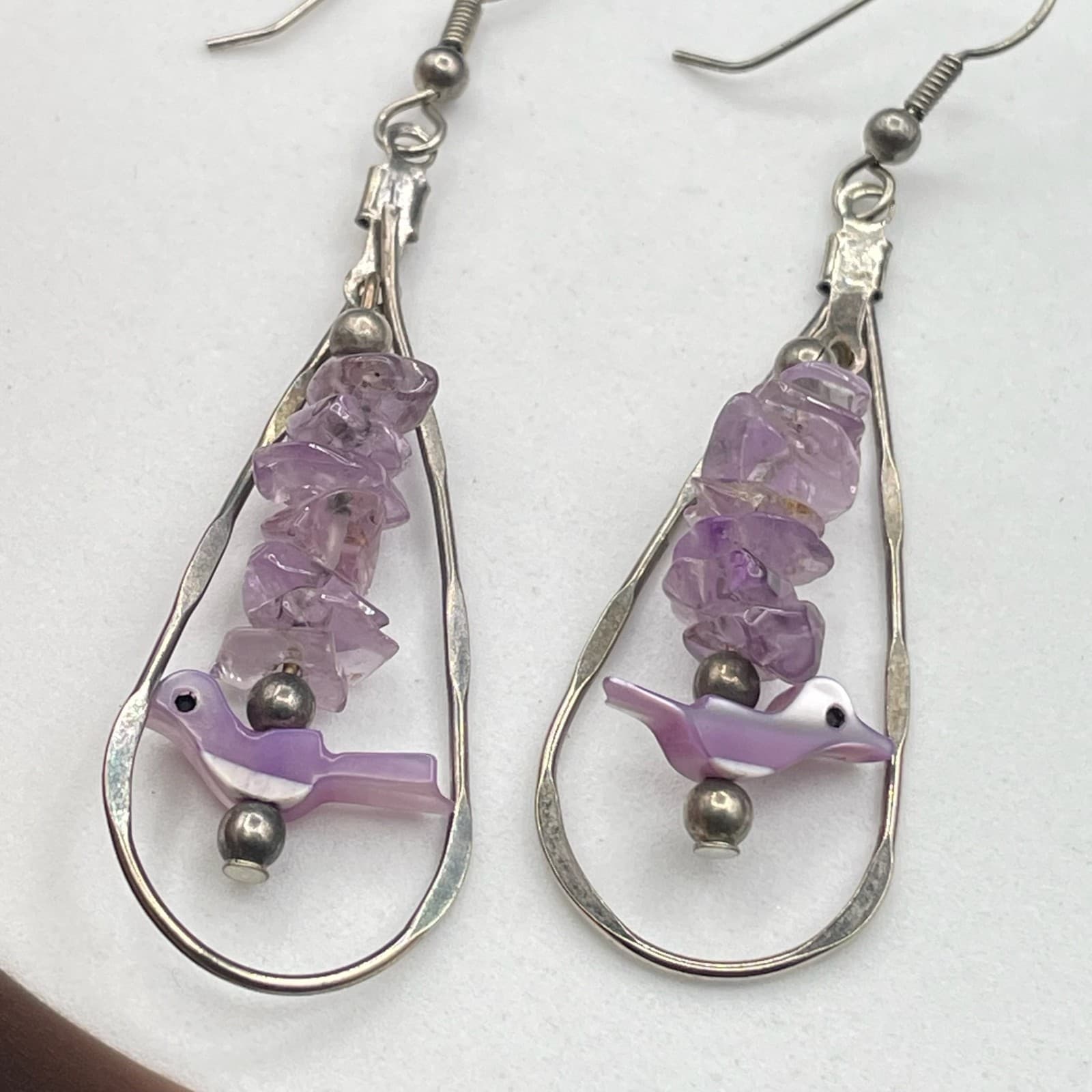 Vintage Purple Amethyst Gemstone Dyed Mother-of-Pearl Silver-Tone Beaded Hook - Thumbnail 7