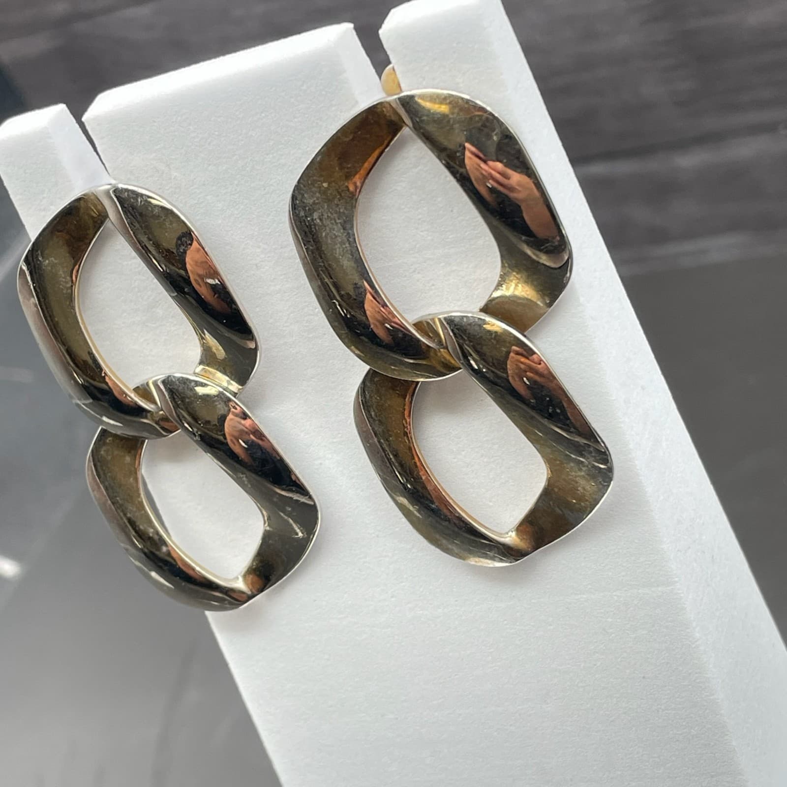 Silver-Tone Geometric Link Dangle Earrings Modern Chunky Statement - Thumbnail 6