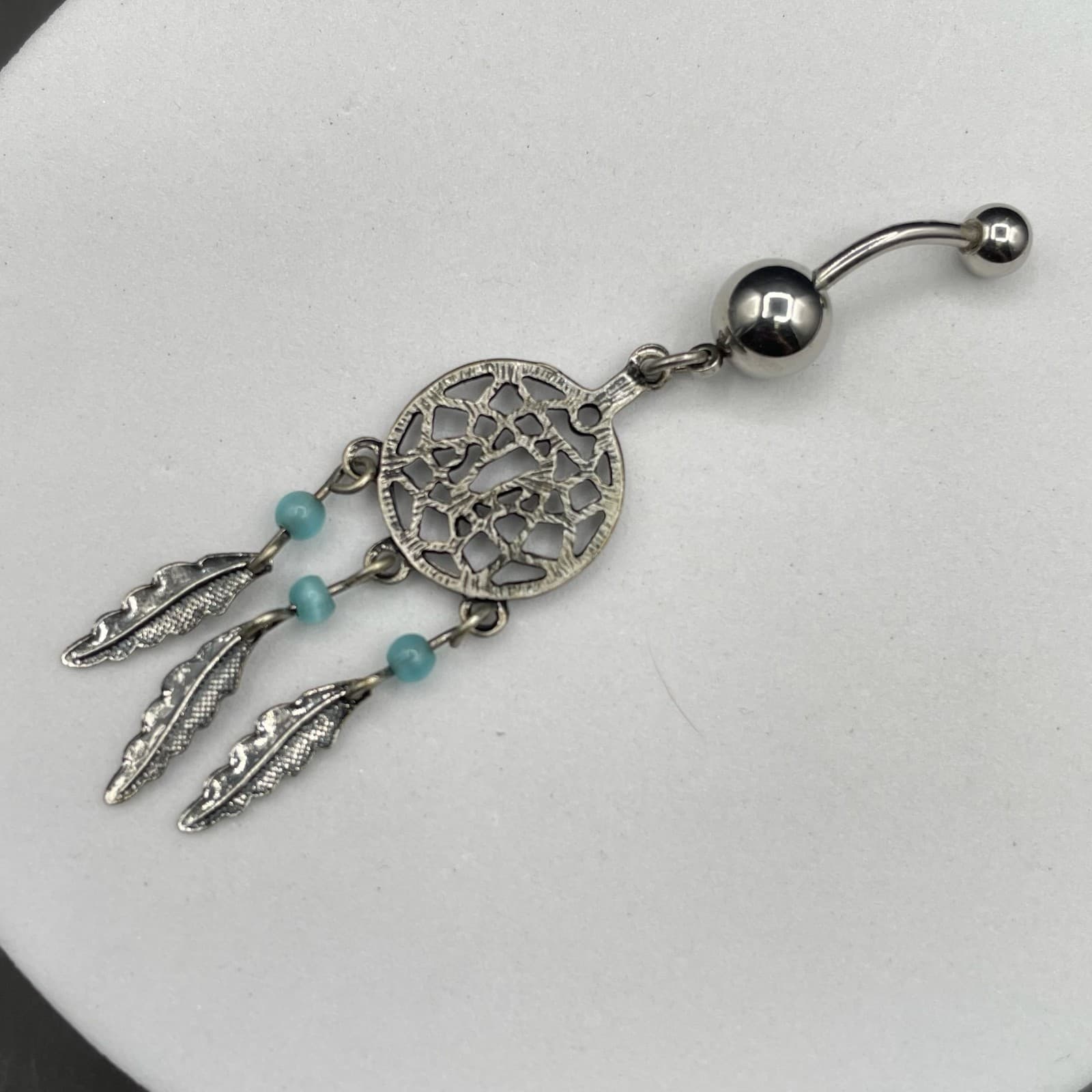 Silver-Tone Dreamcatcher Belly Button Ring w/ Feathers Boho Navel - Thumbnail 2