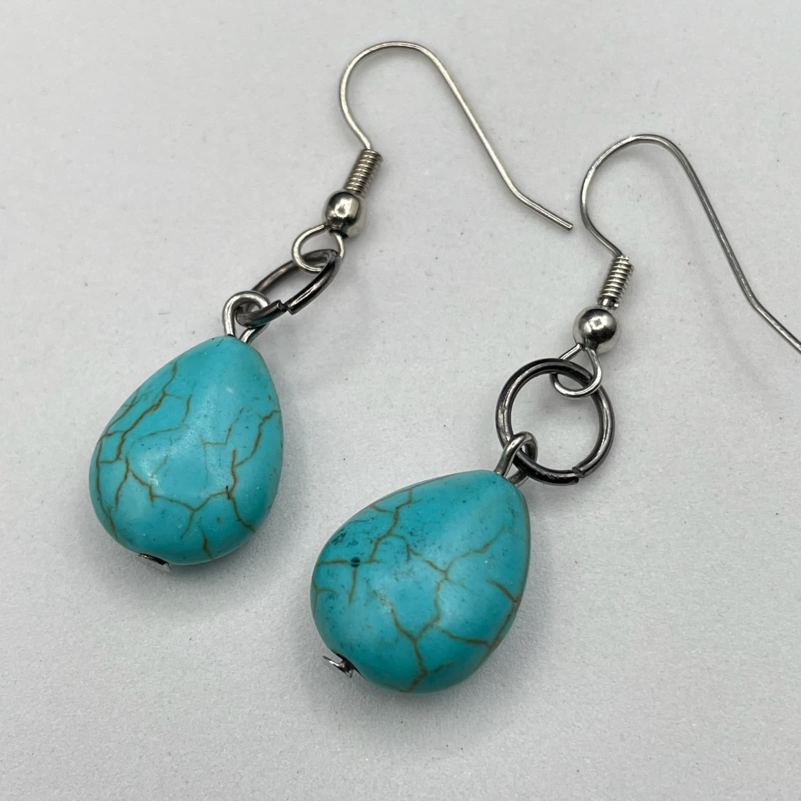 Vintage Women's Faux Cracked Blue Turquoise Teardrop Earrings with Silver-Toned - Thumbnail 3