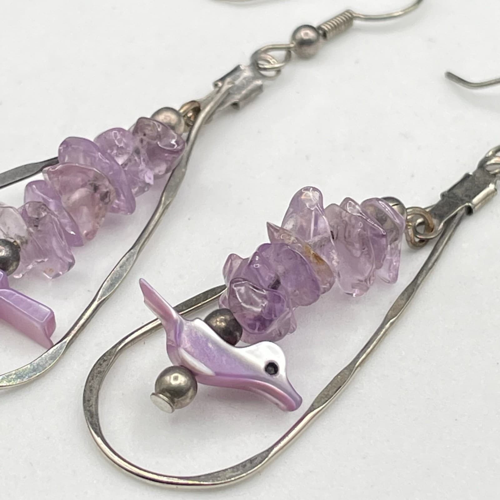 Vintage Purple Amethyst Gemstone Dyed Mother-of-Pearl Silver-Tone Beaded Hook - Thumbnail 4
