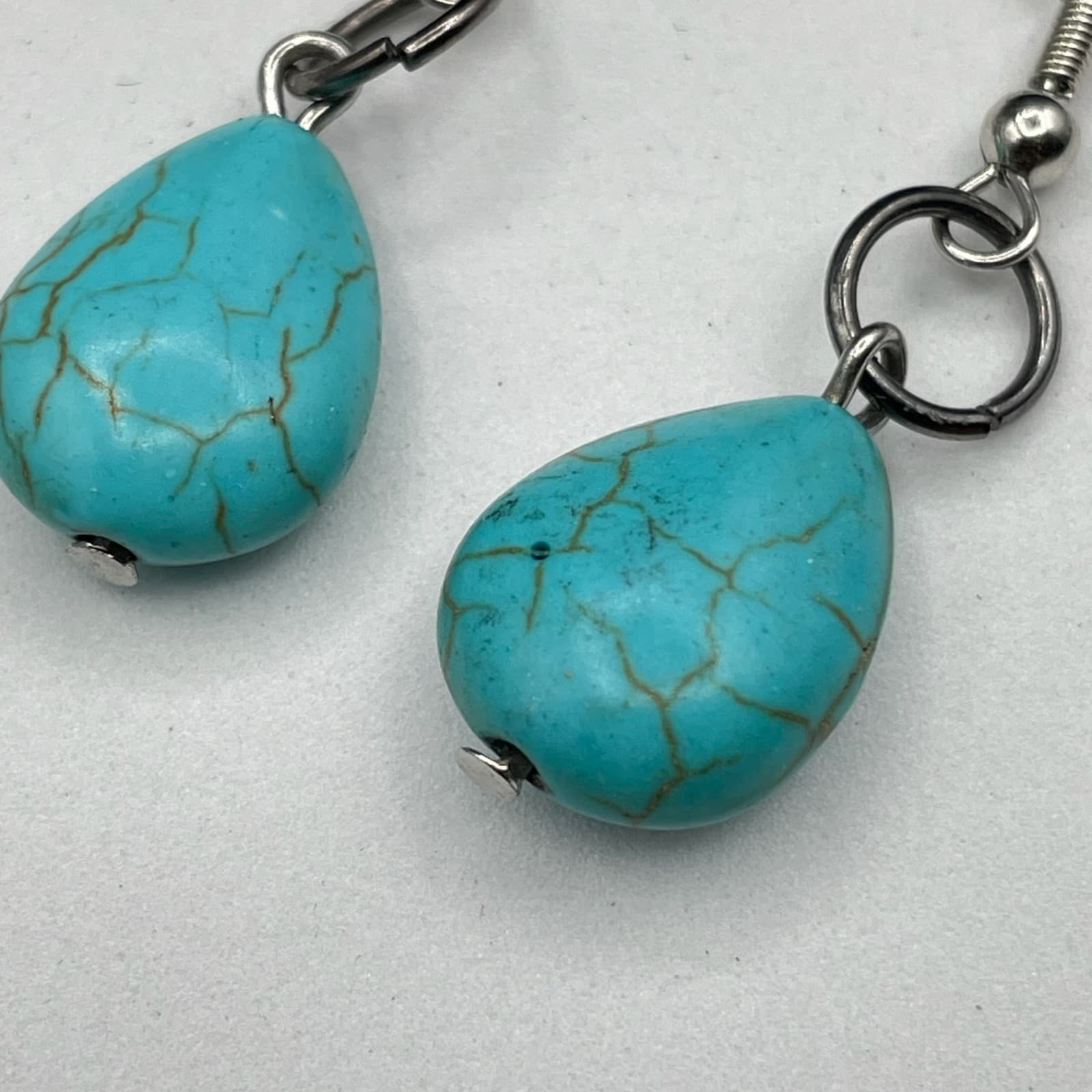 Vintage Women's Faux Cracked Blue Turquoise Teardrop Earrings with Silver-Toned - Thumbnail 4
