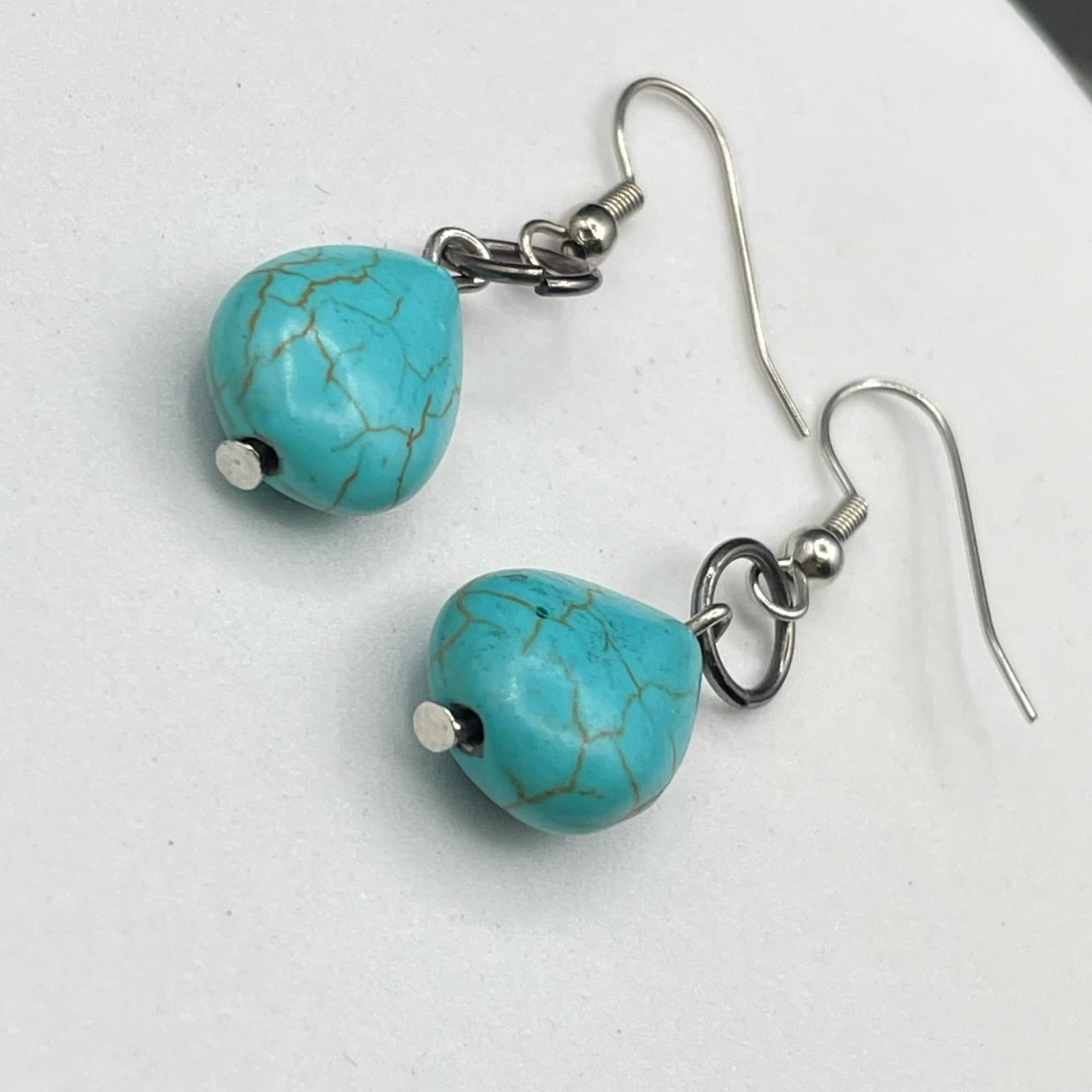 Vintage Women's Faux Cracked Blue Turquoise Teardrop Earrings with Silver-Toned - Thumbnail 5