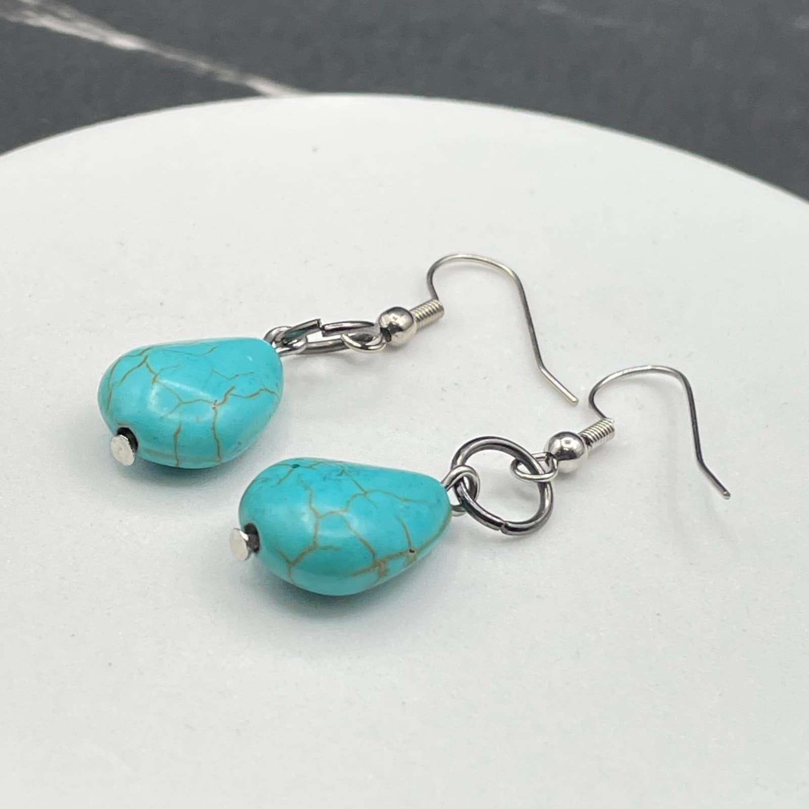Vintage Women's Faux Cracked Blue Turquoise Teardrop Earrings with Silver-Toned - Thumbnail 7