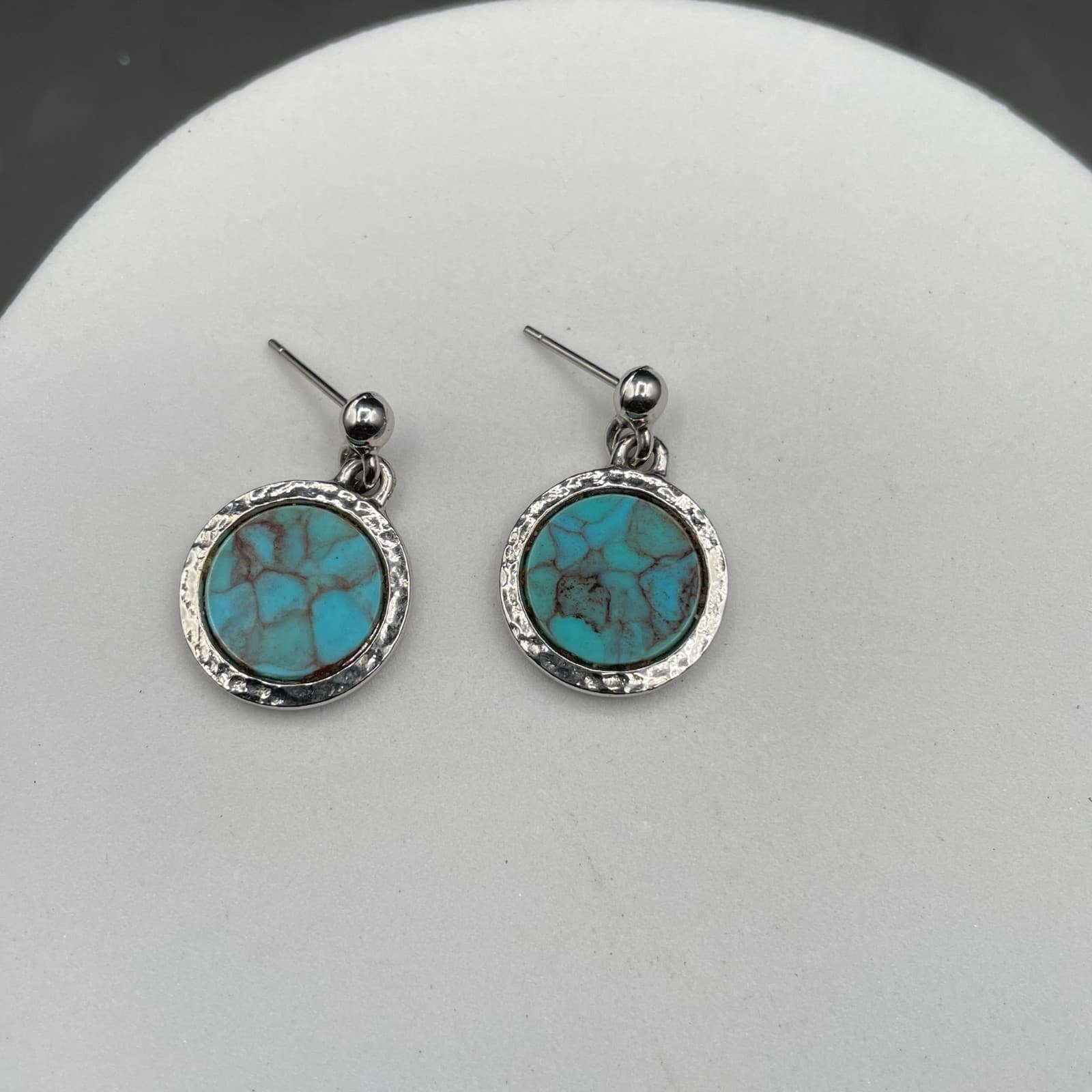 Vintage Artificial Turquoise Blue Moon Glass Silver-Tone Retro Dangle Earrings - Thumbnail 2