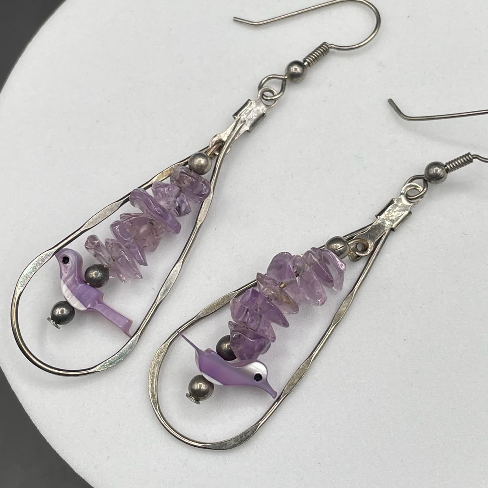 Vintage Purple Amethyst Gemstone Dyed Mother-of-Pearl Silver-Tone Beaded Hook - Thumbnail 2