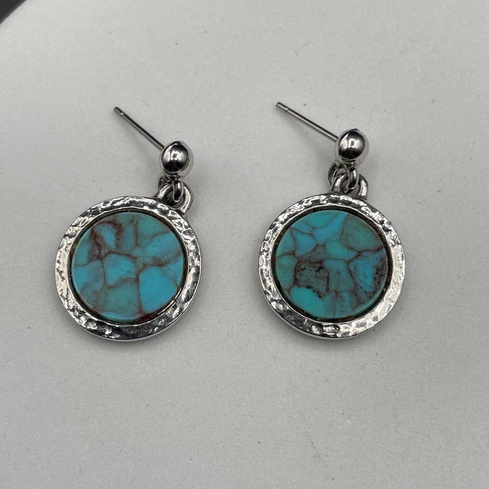 Vintage Artificial Turquoise Blue Moon Glass Silver-Tone Retro Dangle Earrings - Thumbnail 3