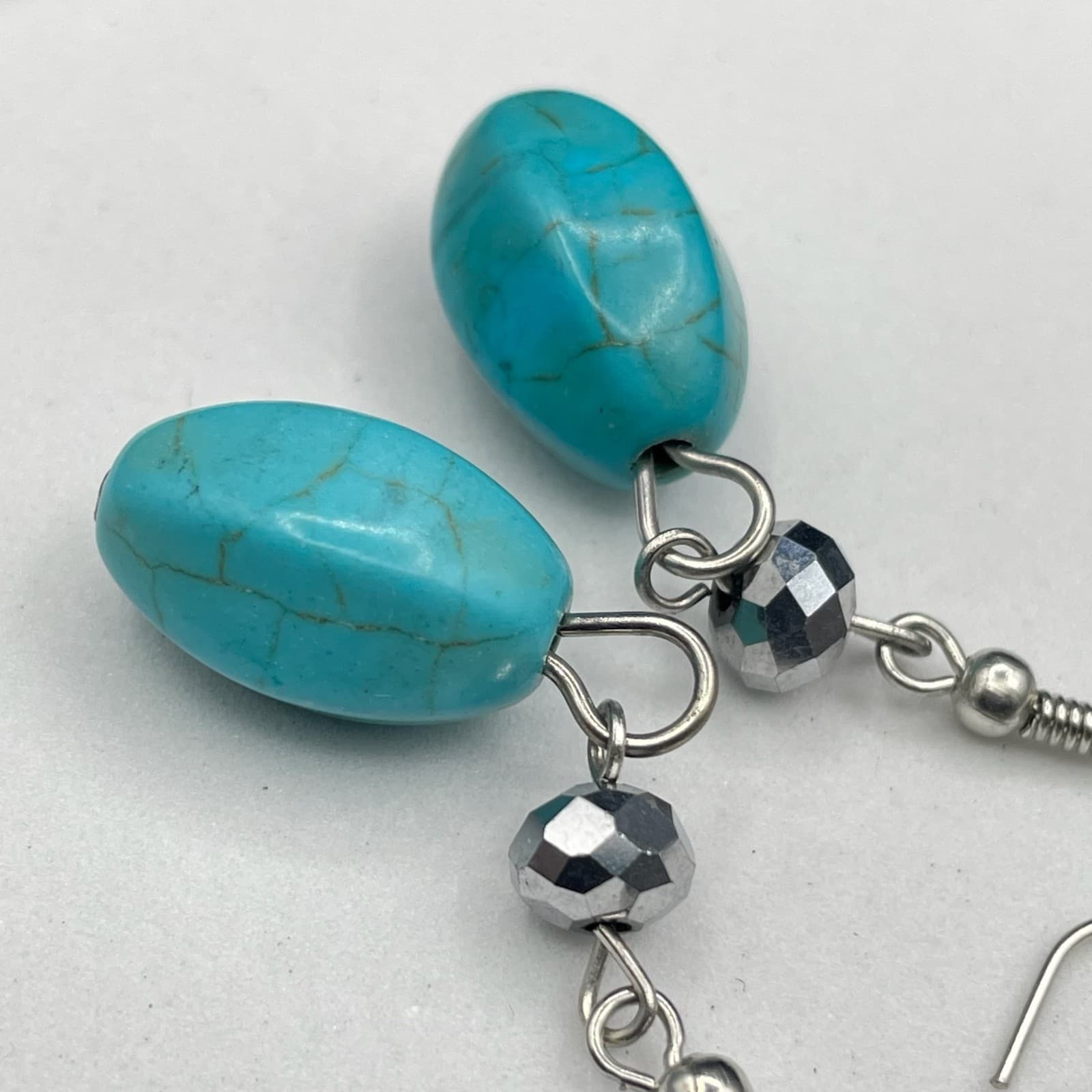 Vintage Fishhook Faceted Spacer Faux Turquoise Drop Earrings With Oval Shape - Thumbnail 6