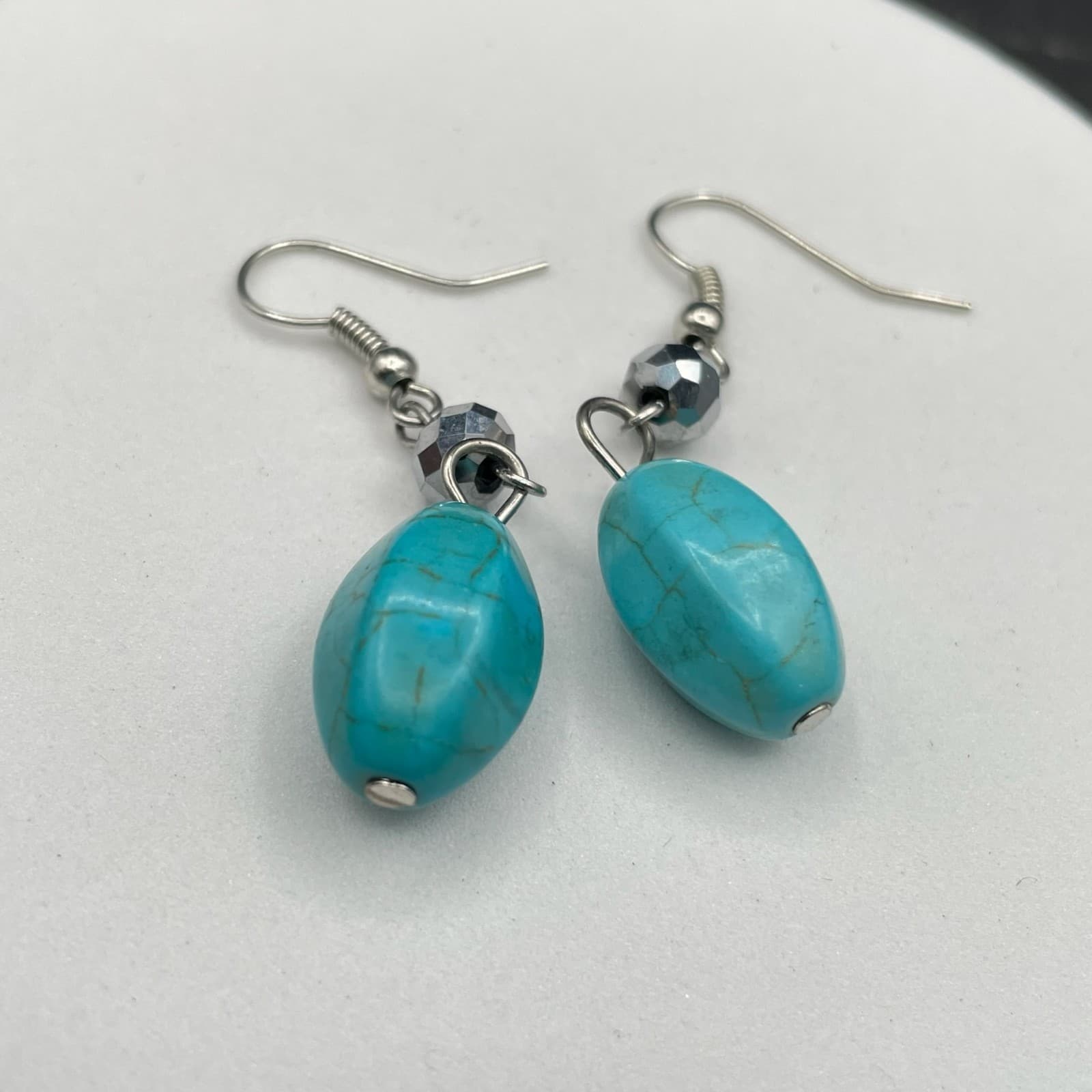 Vintage Fishhook Faceted Spacer Faux Turquoise Drop Earrings With Oval Shape - Thumbnail 4