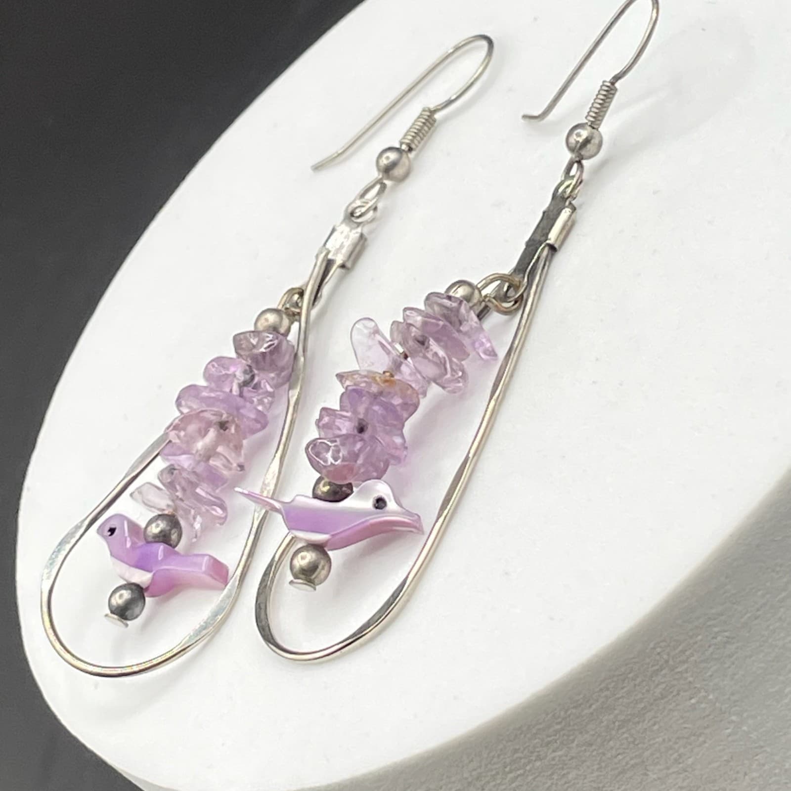 Vintage Purple Amethyst Gemstone Dyed Mother-of-Pearl Silver-Tone Beaded Hook - Thumbnail 5