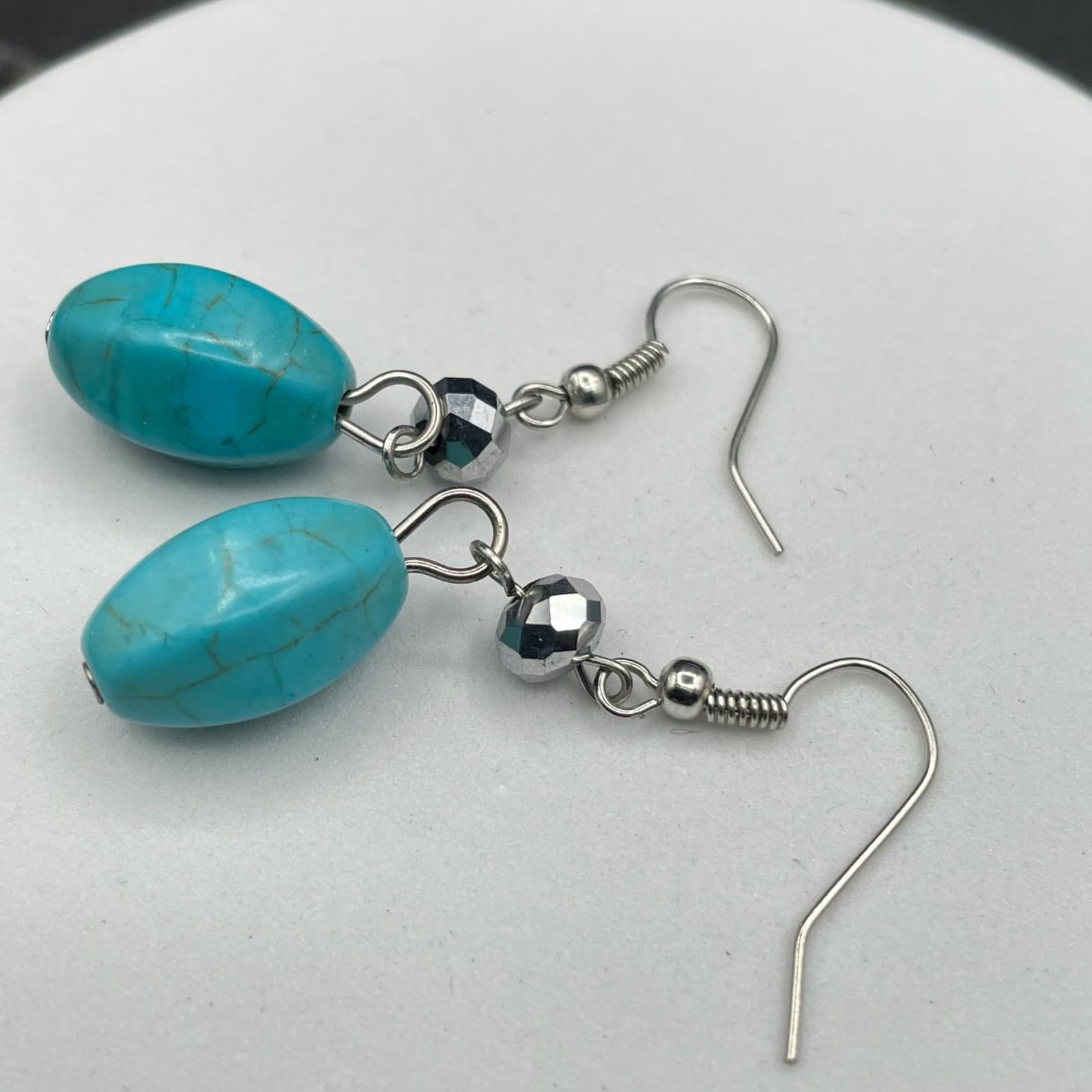 Vintage Fishhook Faceted Spacer Faux Turquoise Drop Earrings With Oval Shape - Thumbnail 5