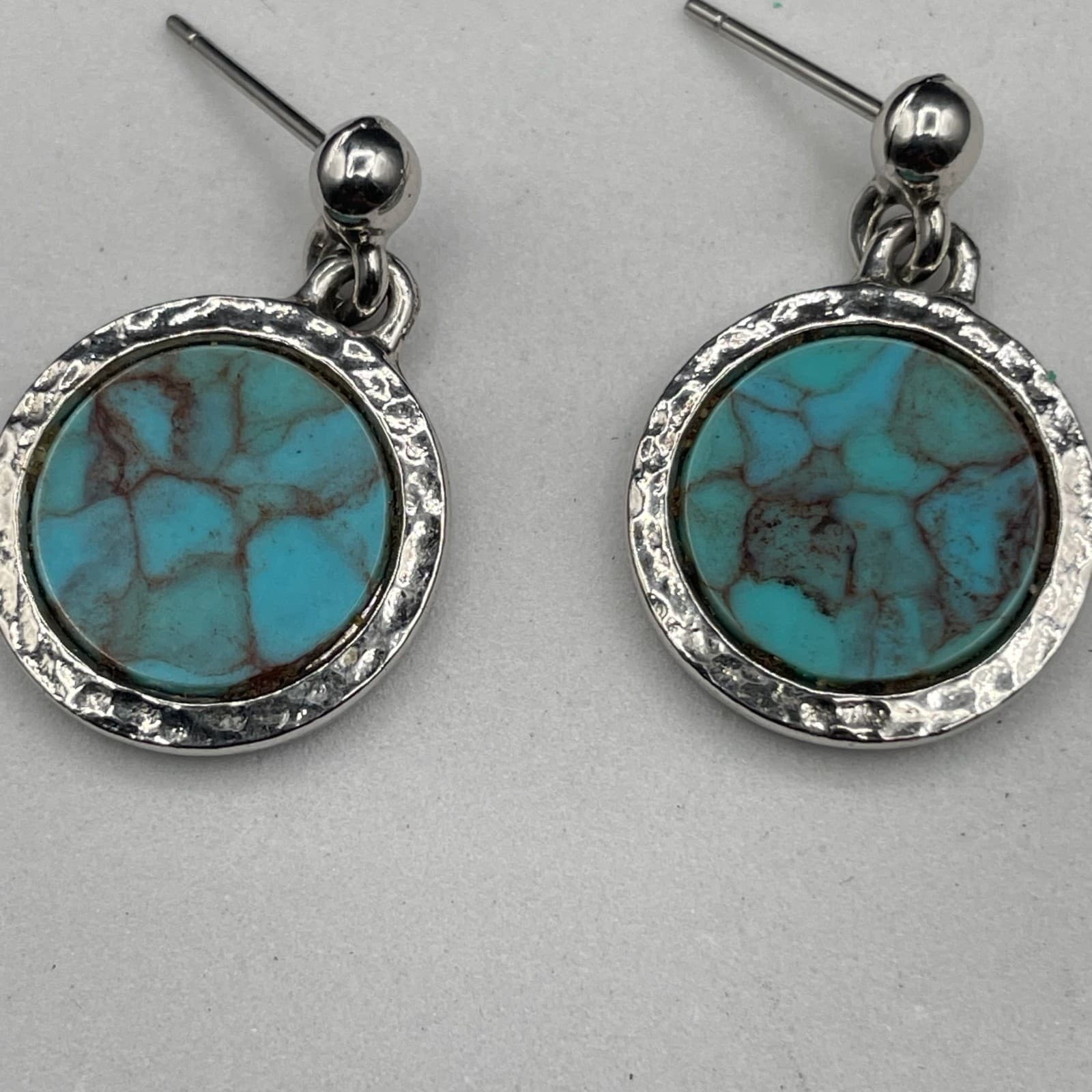 Vintage Artificial Turquoise Blue Moon Glass Silver-Tone Retro Dangle Earrings - Thumbnail 4