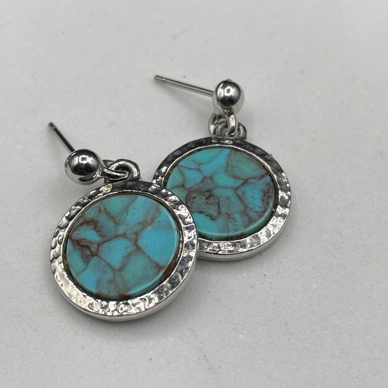Vintage Artificial Turquoise Blue Moon Glass Silver-Tone Retro Dangle Earrings - Thumbnail 5