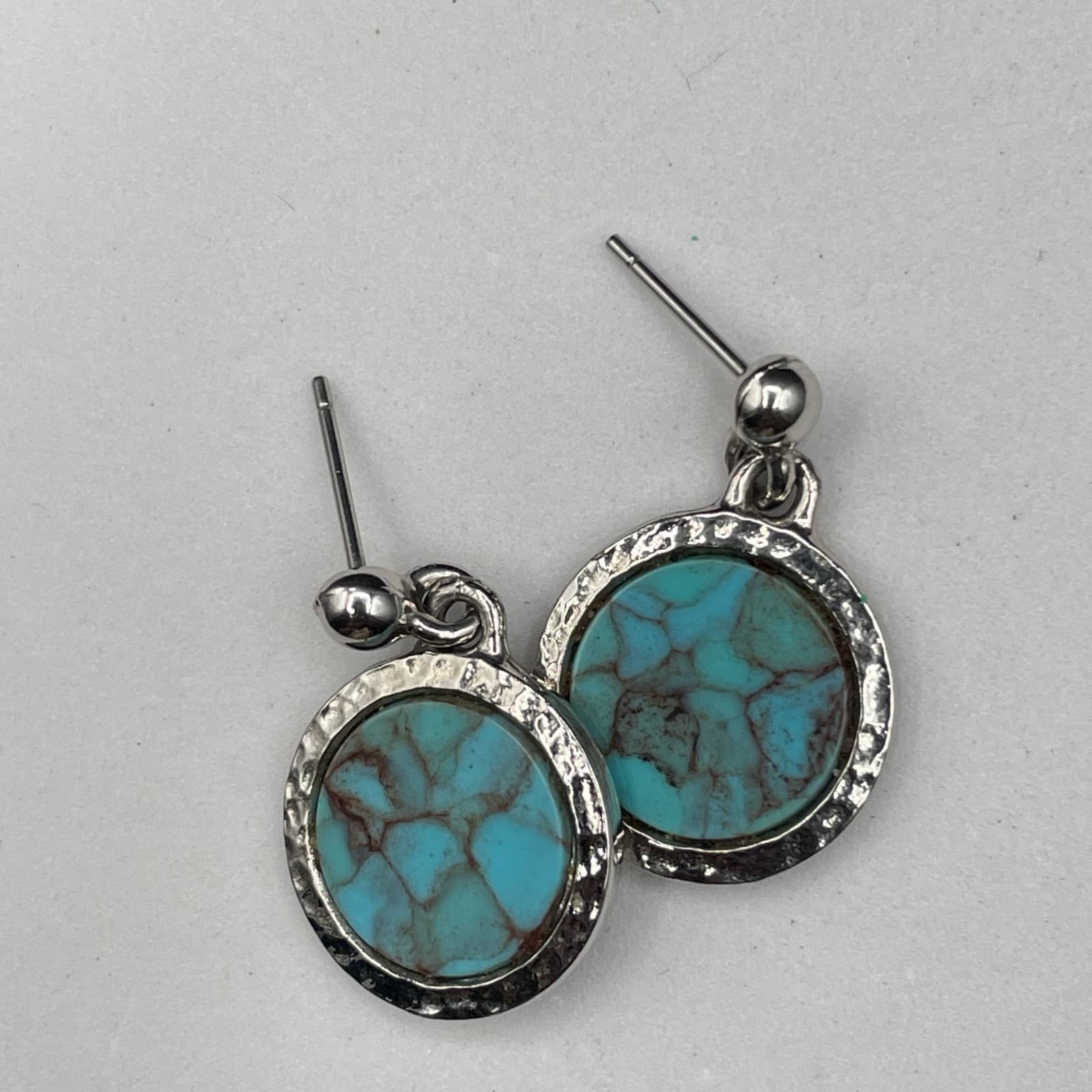 Vintage Artificial Turquoise Blue Moon Glass Silver-Tone Retro Dangle Earrings - Thumbnail 6