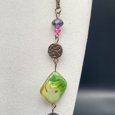 Vintage Bohemian Charm Single Chain Necklace Lobster Clasp Shell Crystal Bead - Thumbnail 6