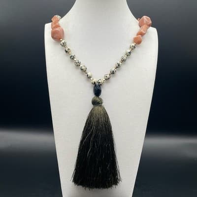 Vintage Dalmatian Stone Tassel Opera Necklace Matinee Boho Statement 32" - Thumbnail 3