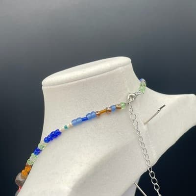 Vintage 90s Y2K Boho Rainbow Seed Bead Necklace Long Seashell Pendant Cube - Thumbnail 10