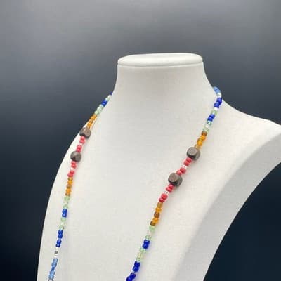 Vintage 90s Y2K Boho Rainbow Seed Bead Necklace Long Seashell Pendant Cube - Thumbnail 9